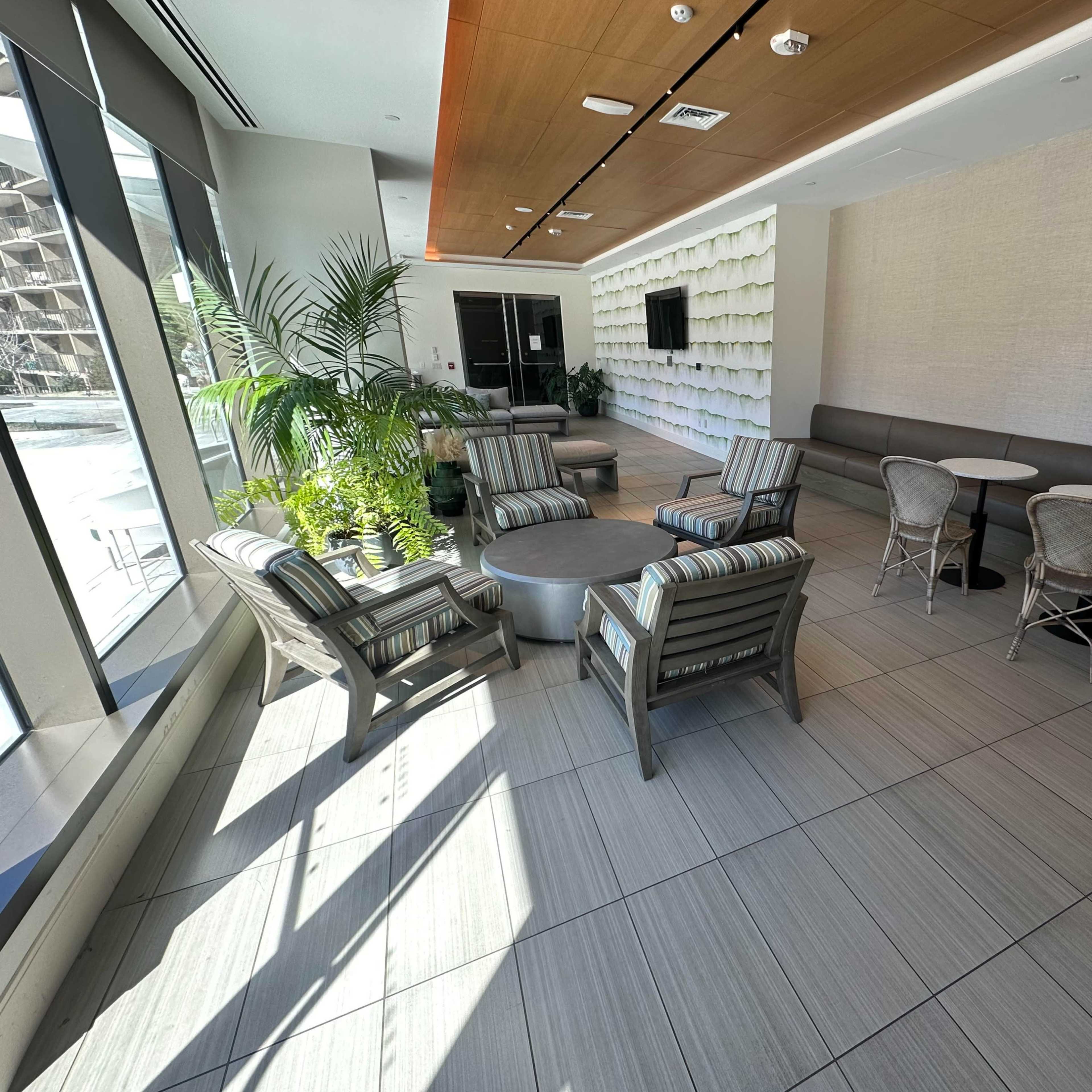 A modern lounge area features seating arrangements with striped chairs and a round table, surrounded by potted plants and large windows.