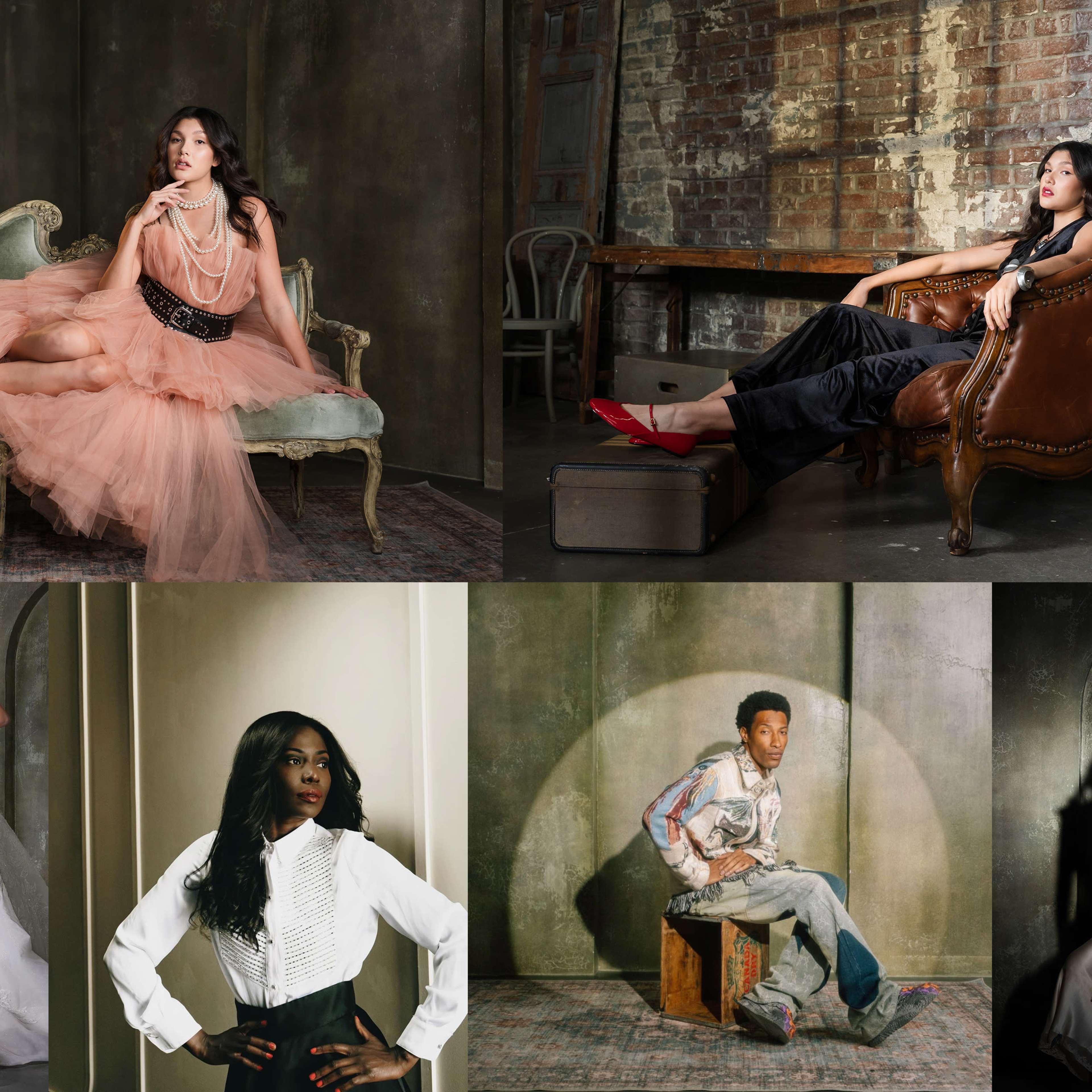 A collage of six fashion portraits set in a vintage-inspired studio with exposed brick walls and varied seating arrangements.