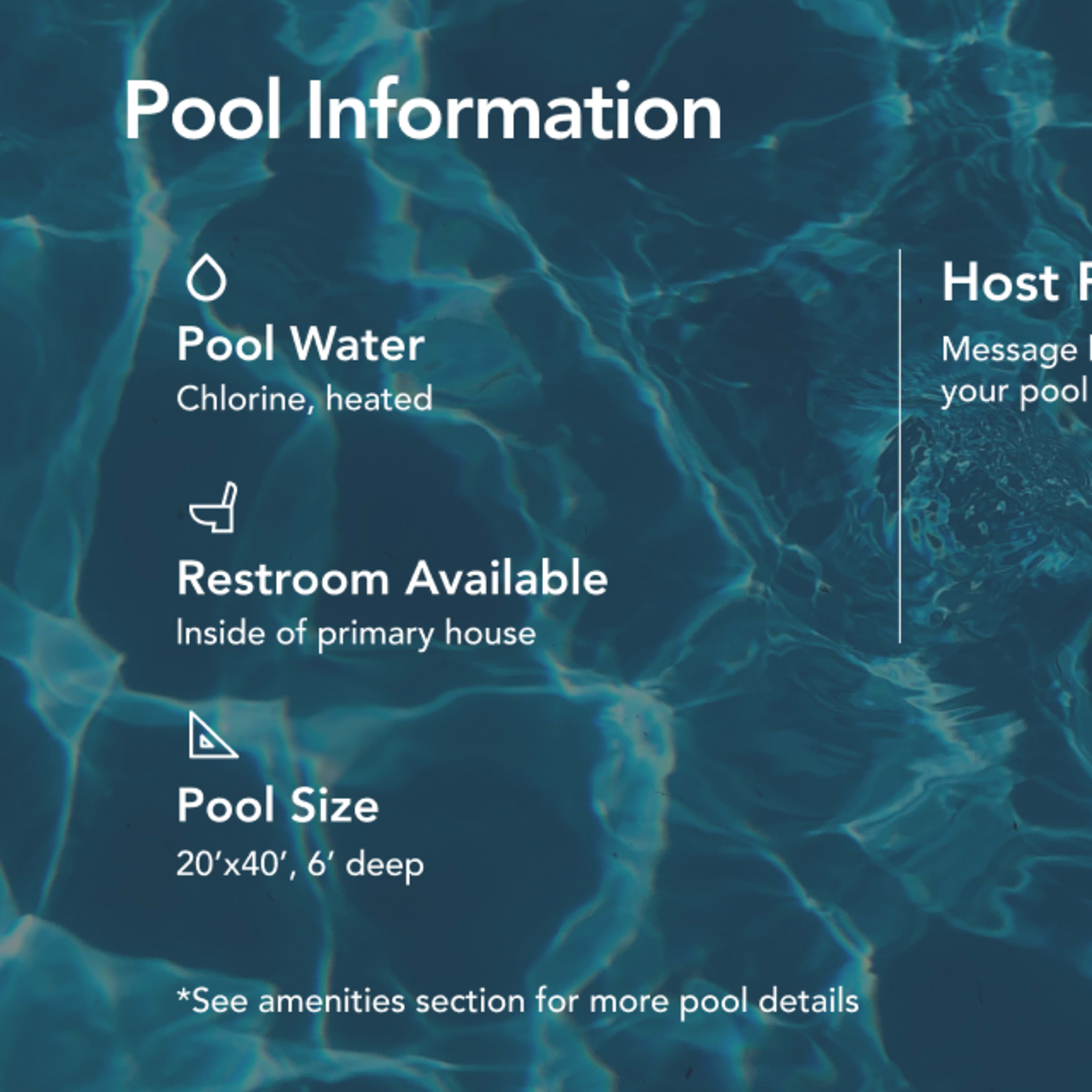 Detailed information about a pool, including water type, restroom availability, pool size, and host rules.