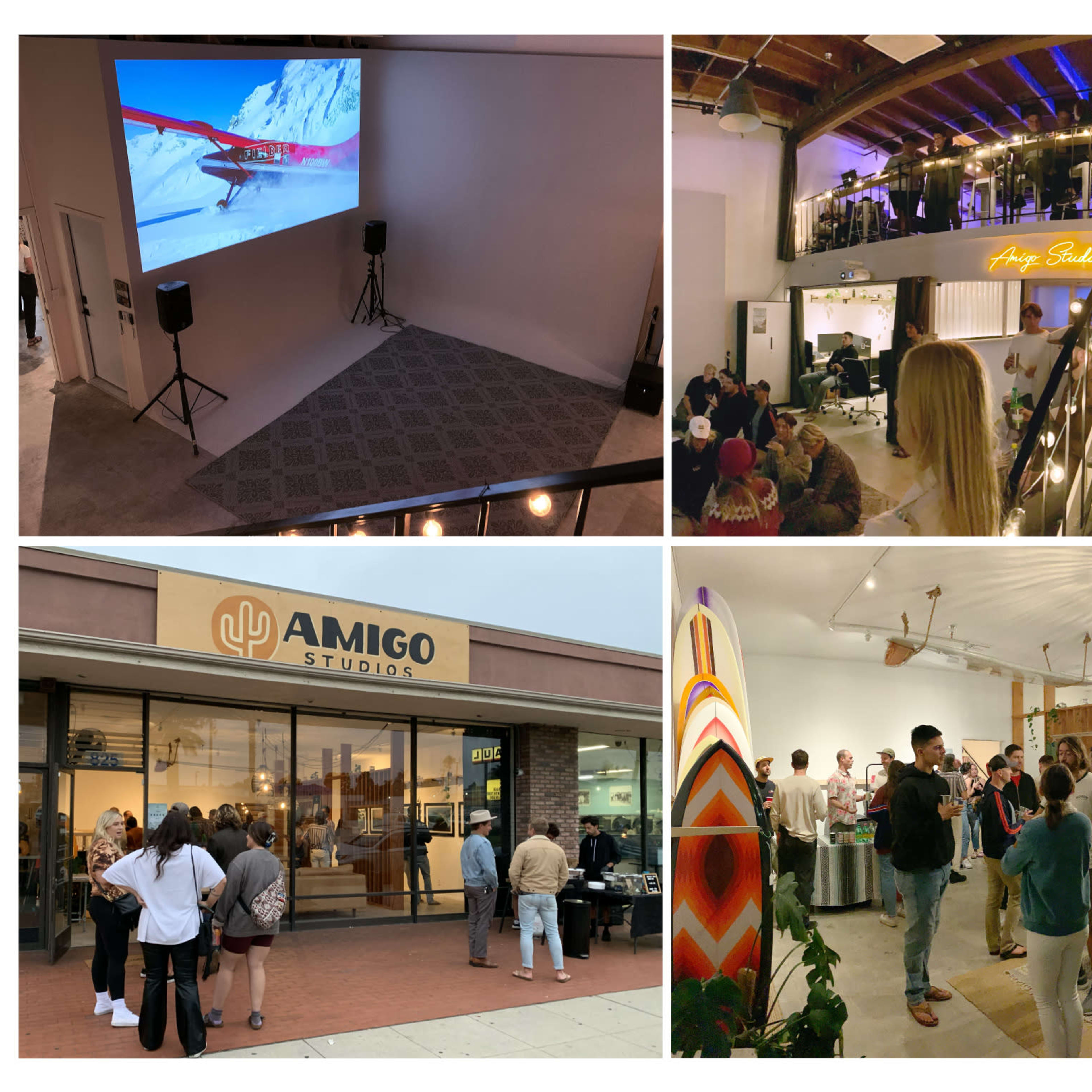 A collage of four scenes featuring Amigo Studios, including a spacious event space with a performance area, a bustling interior with attendees, an exterior view of the studio, and another lively gathering inside.