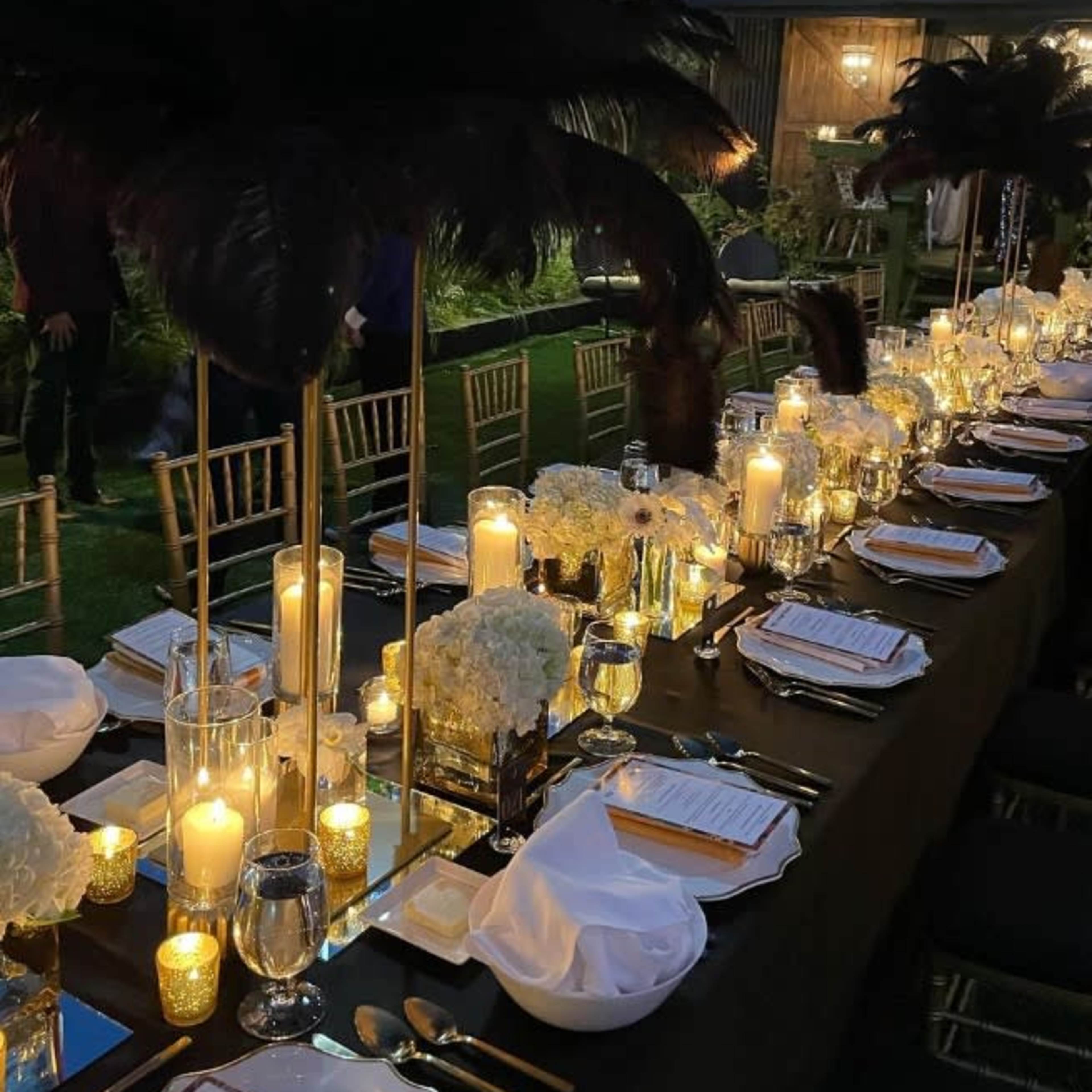A long dining table is set outdoors with elegant centerpieces featuring tall black feathers and candles, illuminated by string lights overhead.