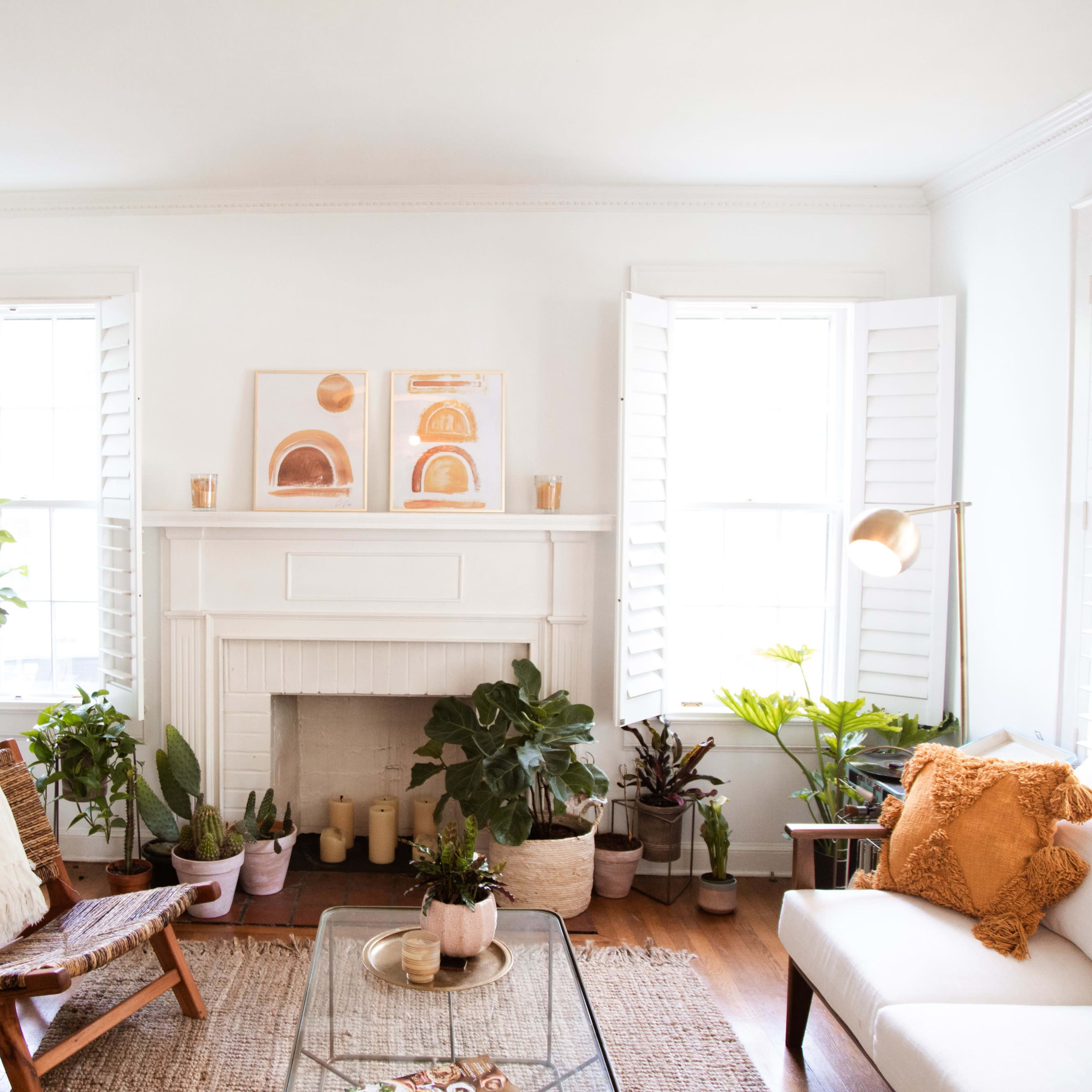 A cozy living room features a white wall, large windows, a fireplace with artwork above it, and various indoor plants arranged around a glass coffee table.