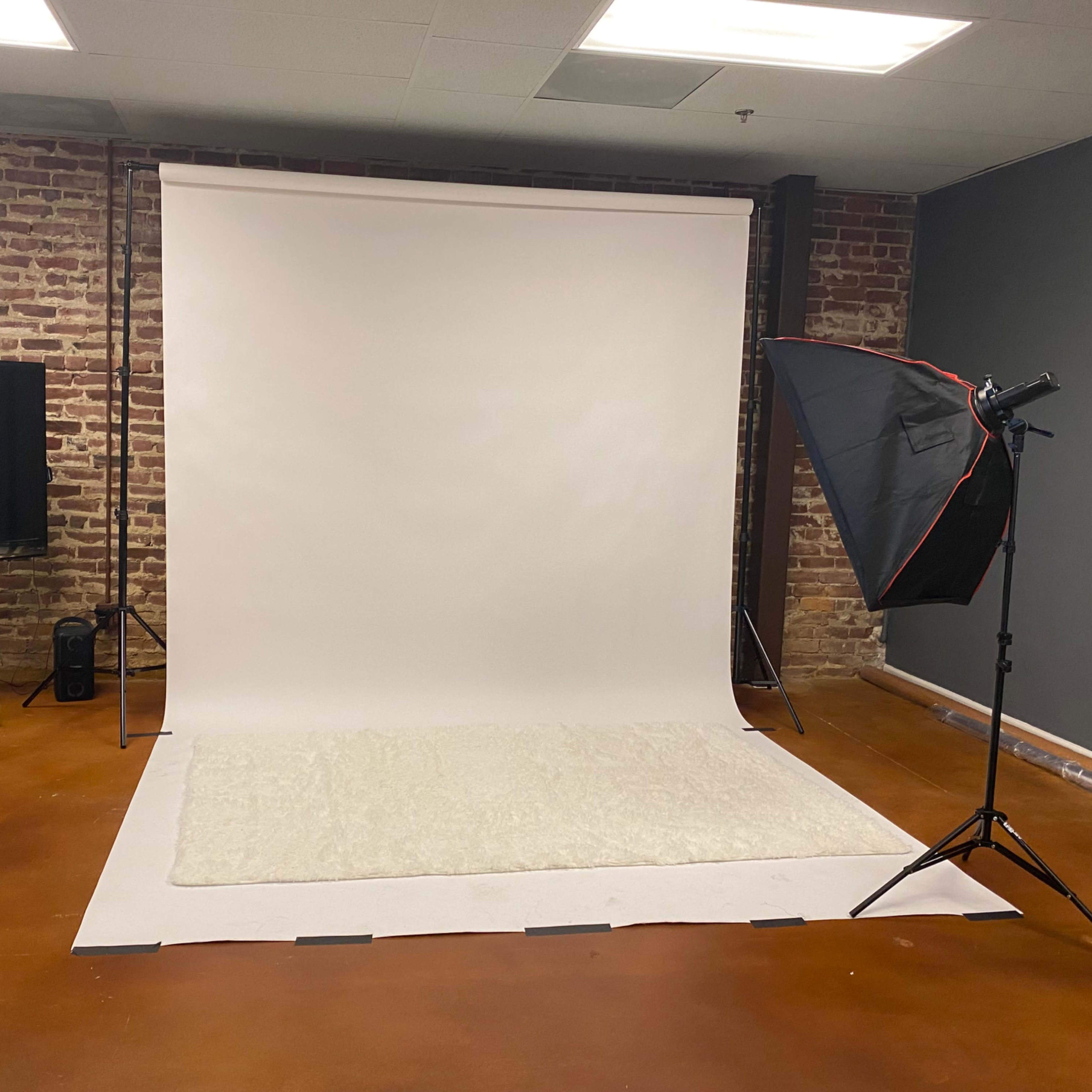 A photography studio with a white backdrop, a light source on a stand, and a soft rug on the floor.