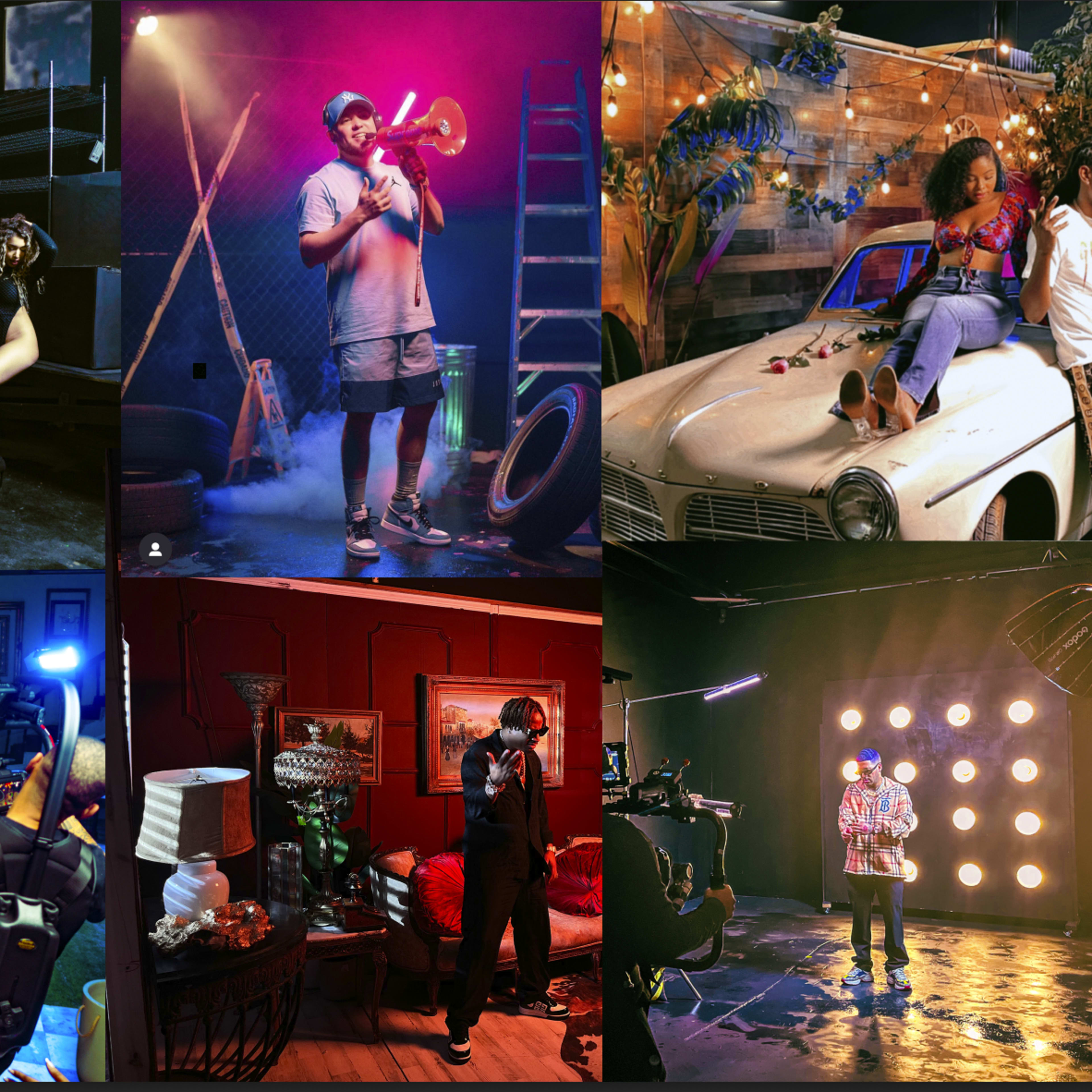 A collage of various scenes featuring individuals performing or posing in creatively set backgrounds, including a studio with lights, an old car, and stylized indoor environments.