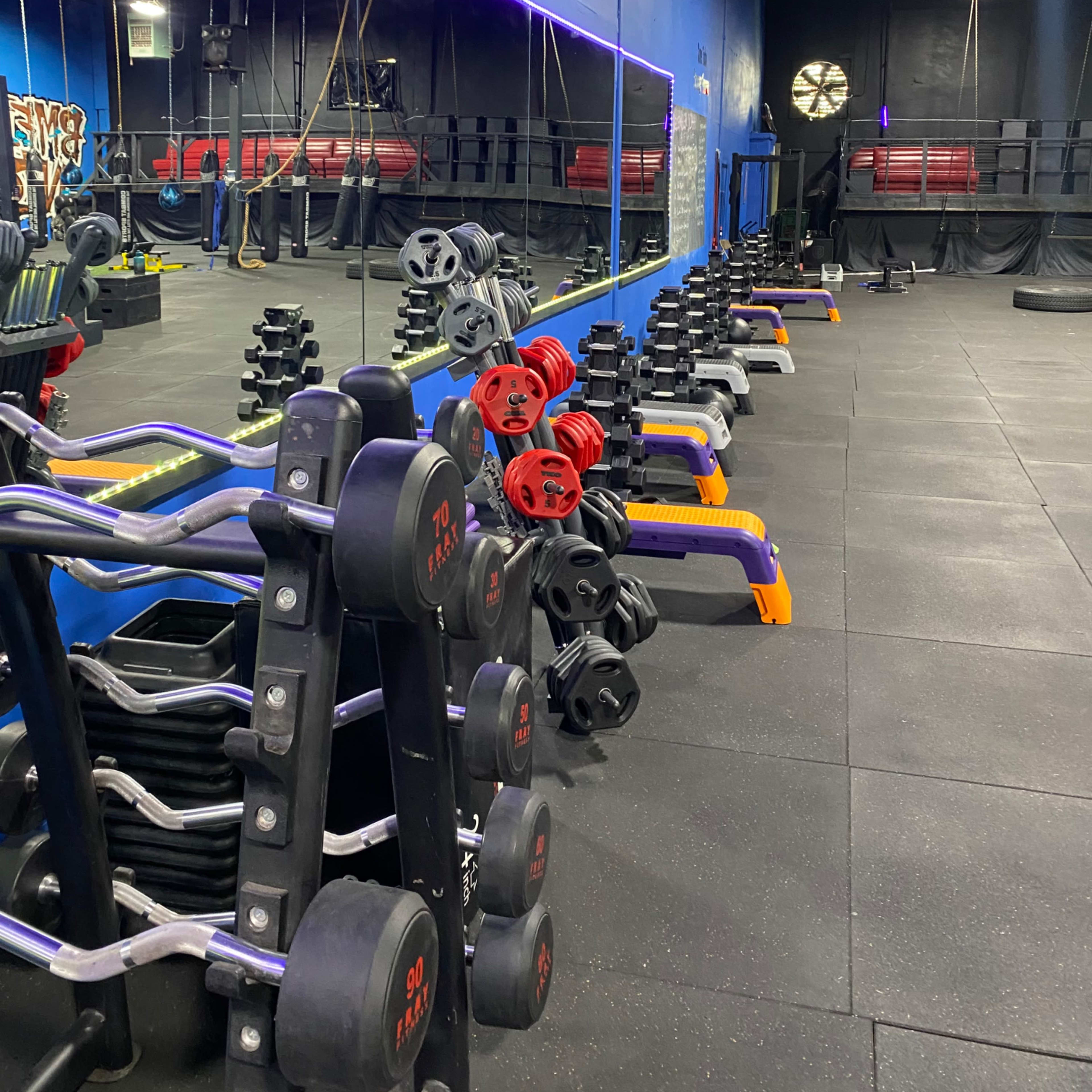 A gym interior with a lineup of dumbbells on racks against a blue wall, with a large mirror reflecting the space.