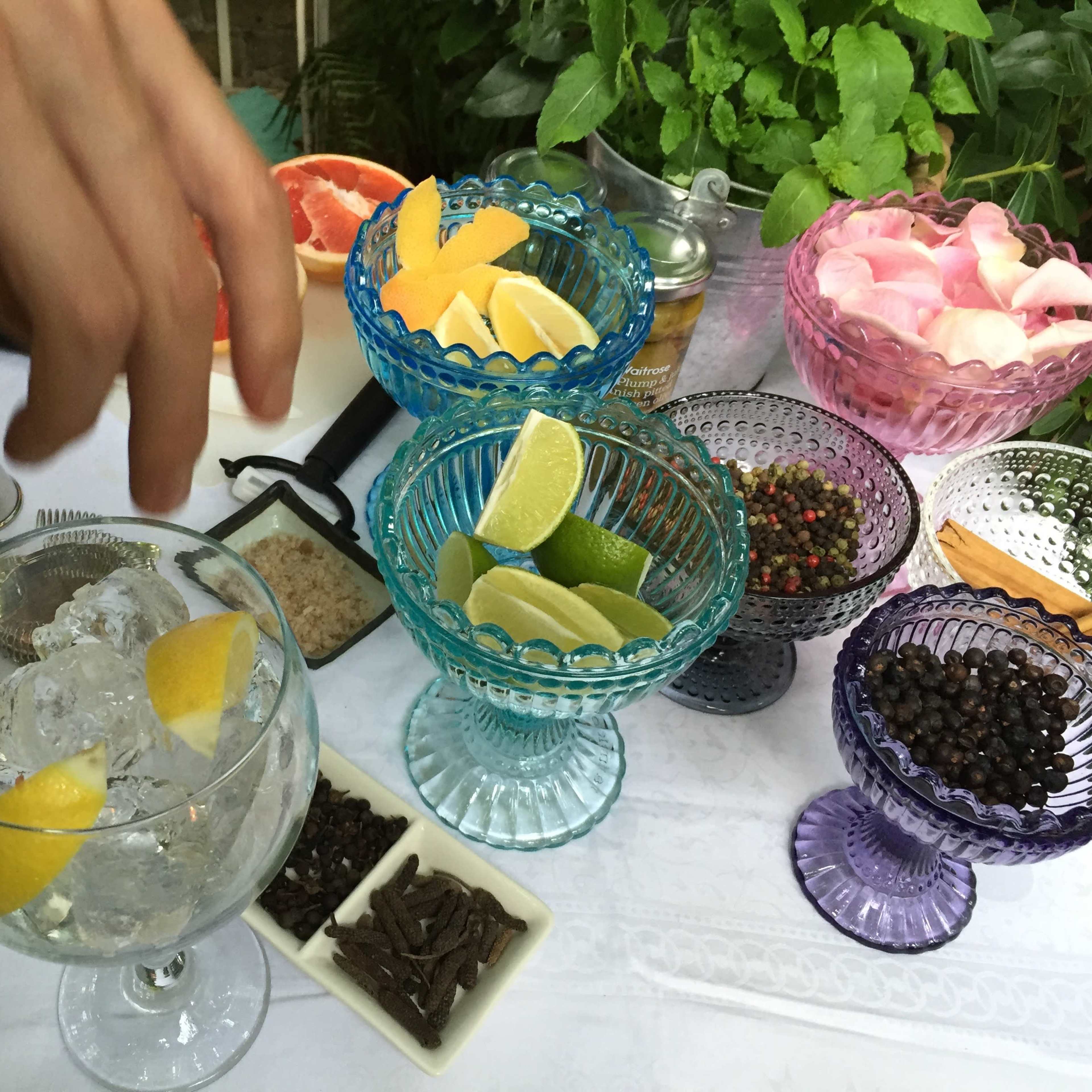 A hand reaches to add lemon and lime slices to two glasses filled with ice, surrounded by colorful bowls of various fruits and spices.