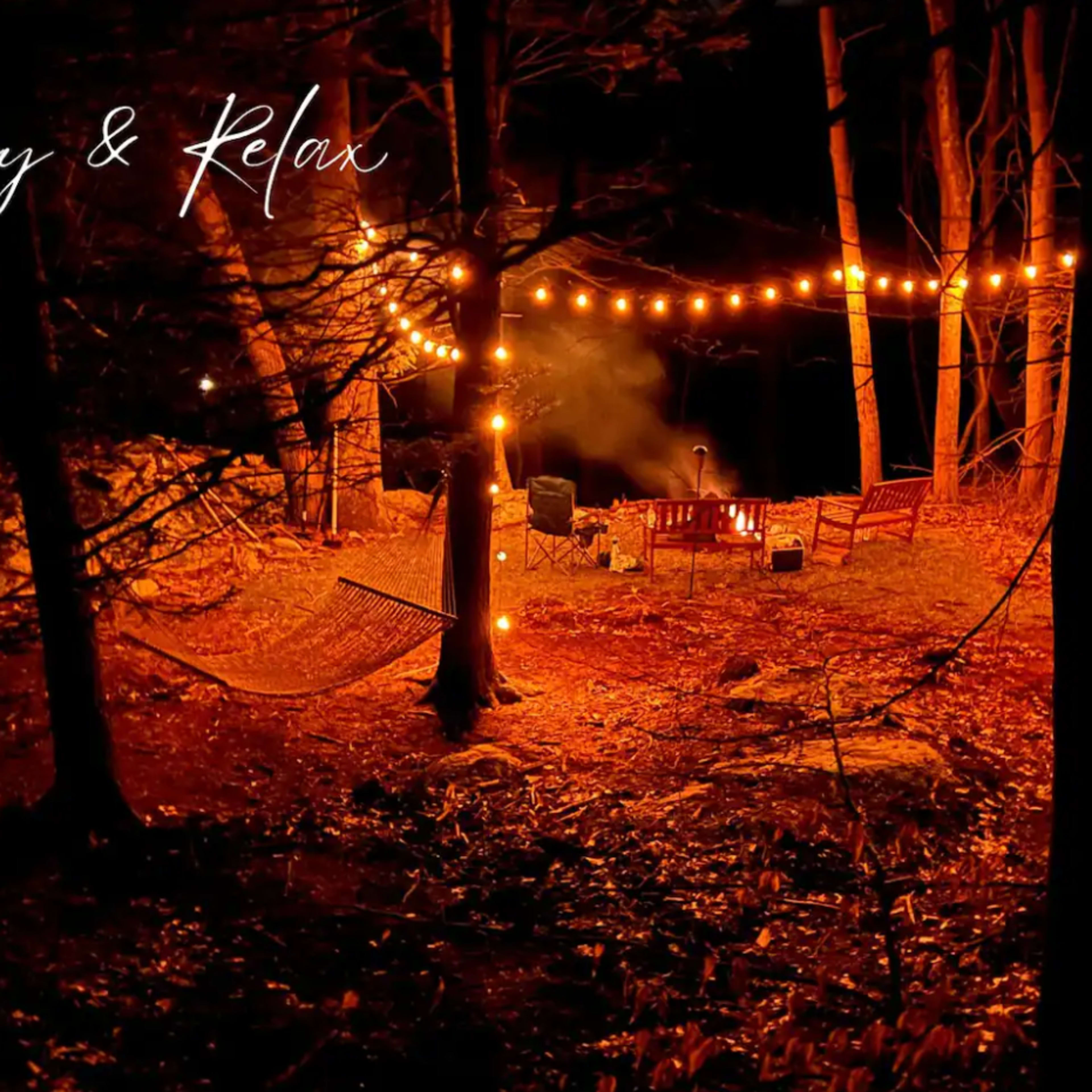A cozy campsite in a forest at night is illuminated by string lights, with a hammock and seating area visible amidst the trees.
