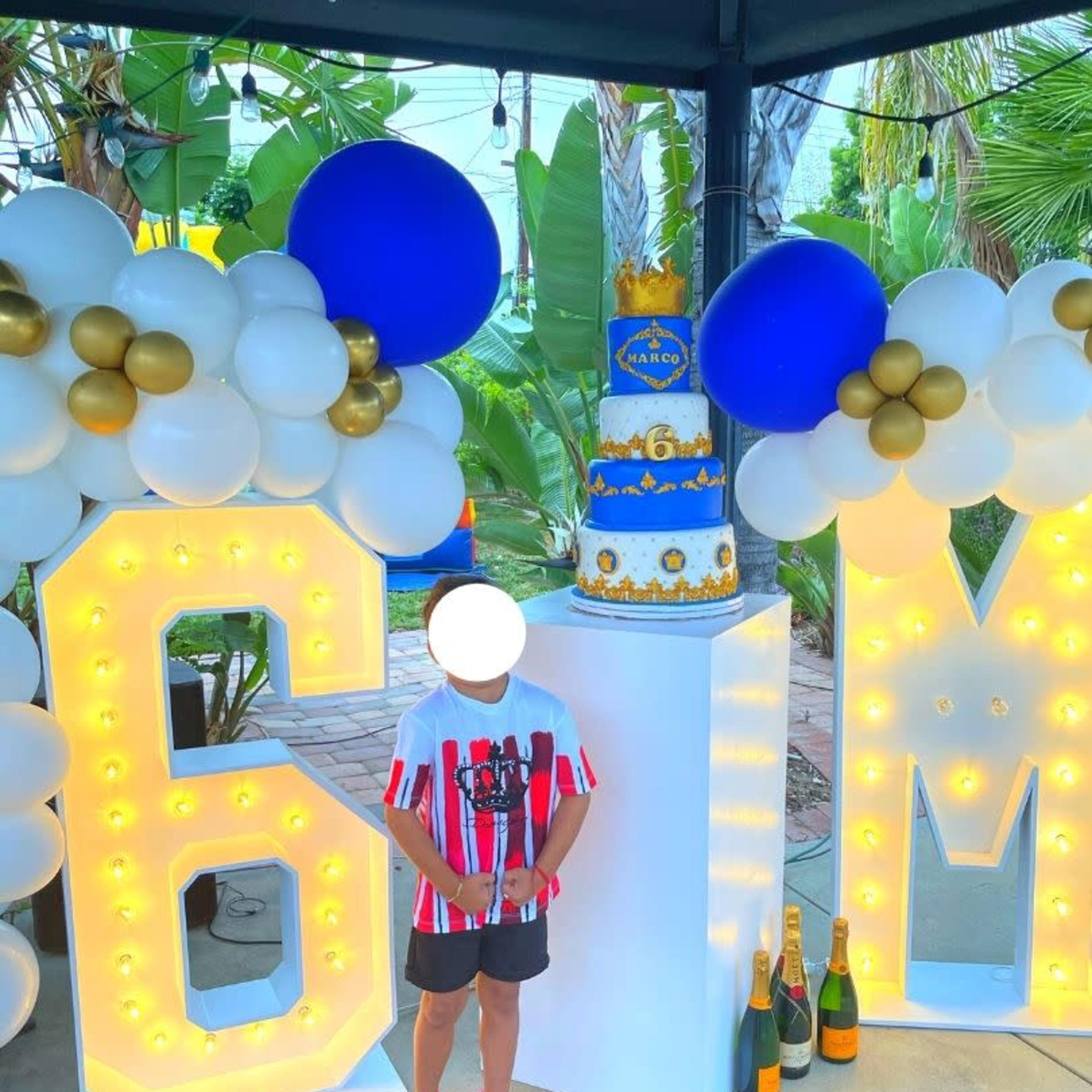 A child stands in front of a large birthday cake and decorative numbers "6" and "M" surrounded by balloons and champagne bottles.