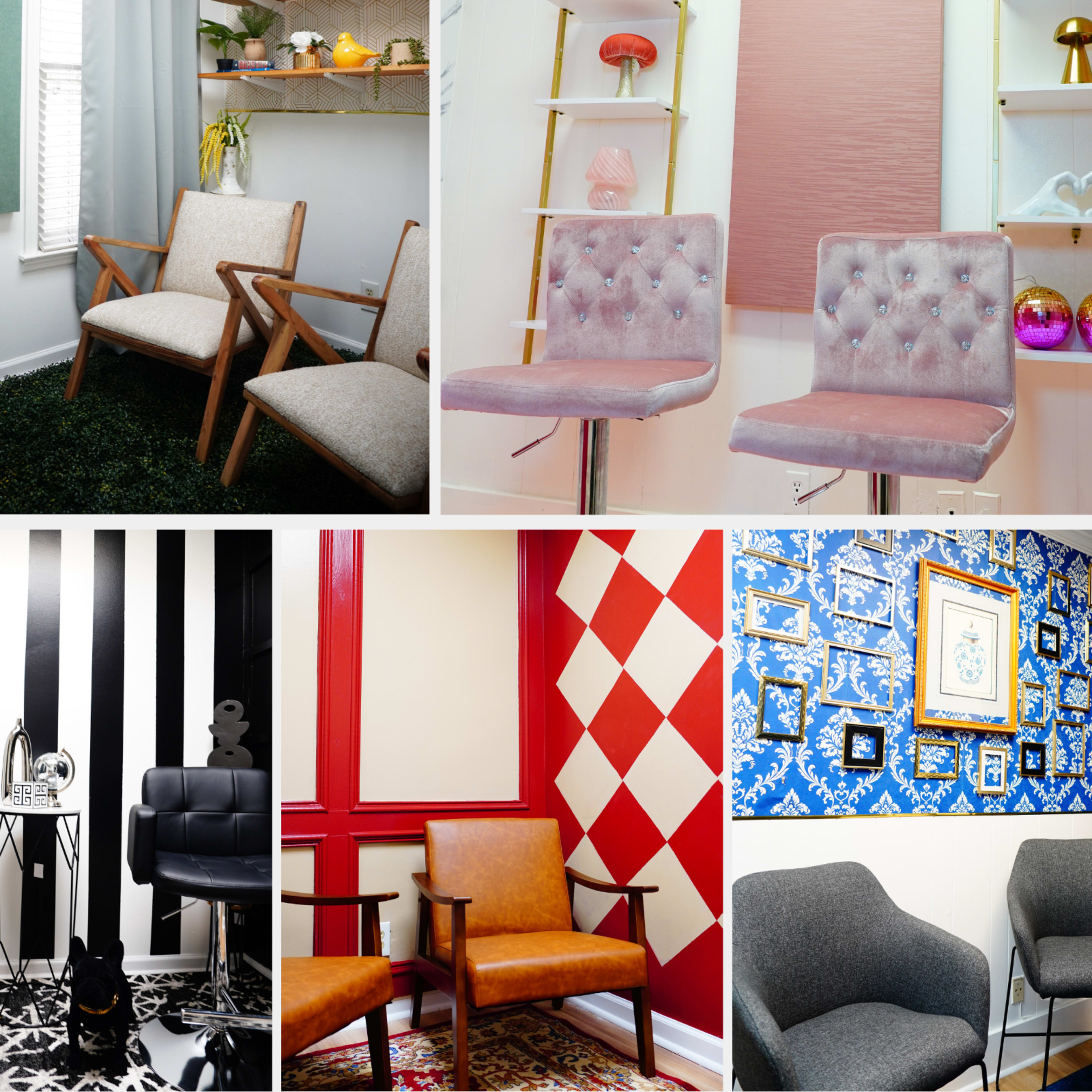 A collection of styled seating areas featuring various chairs and wall designs, arranged in a grid format.