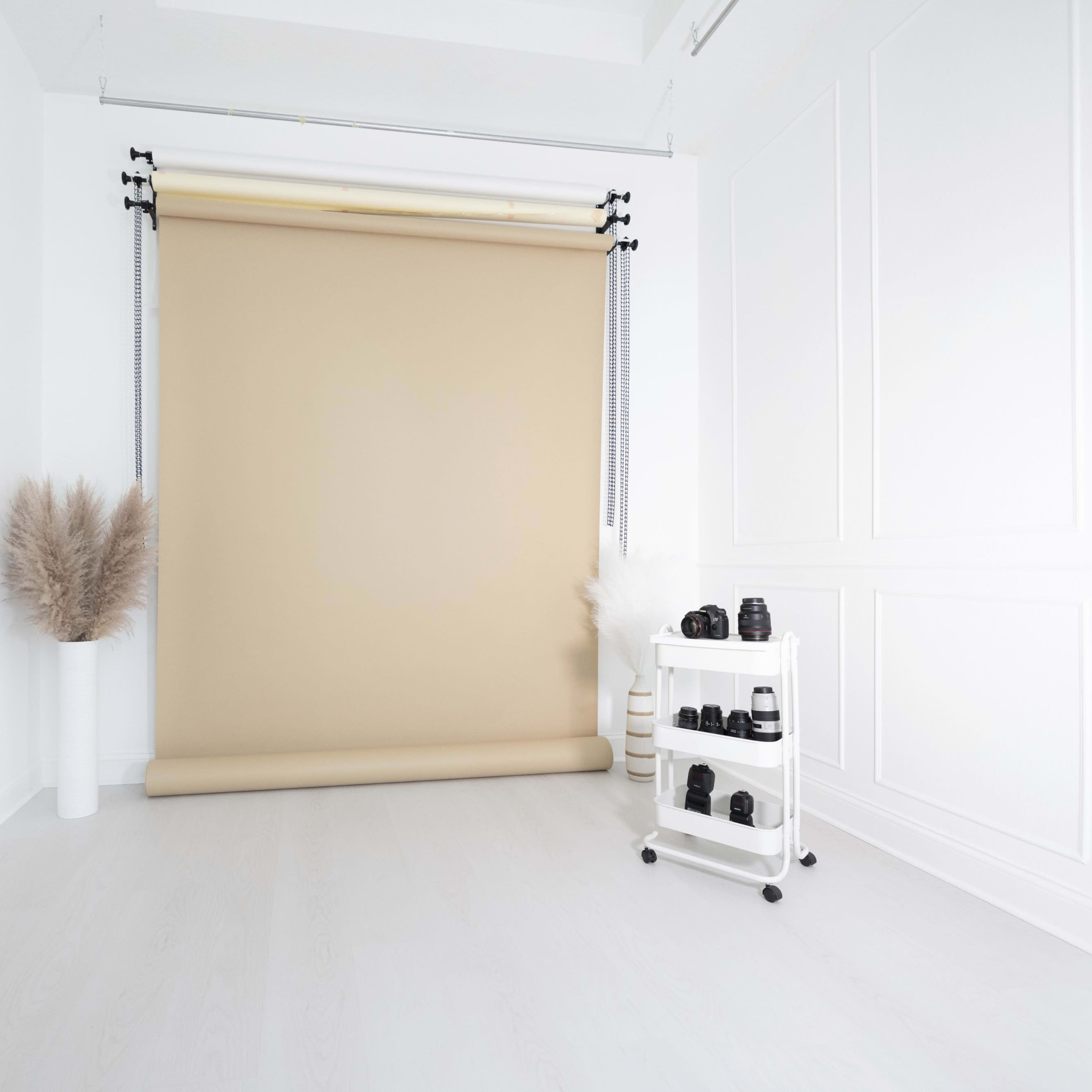 A photography studio features a beige backdrop on a roller system and a mobile cart with camera equipment beside a decorative plant.
