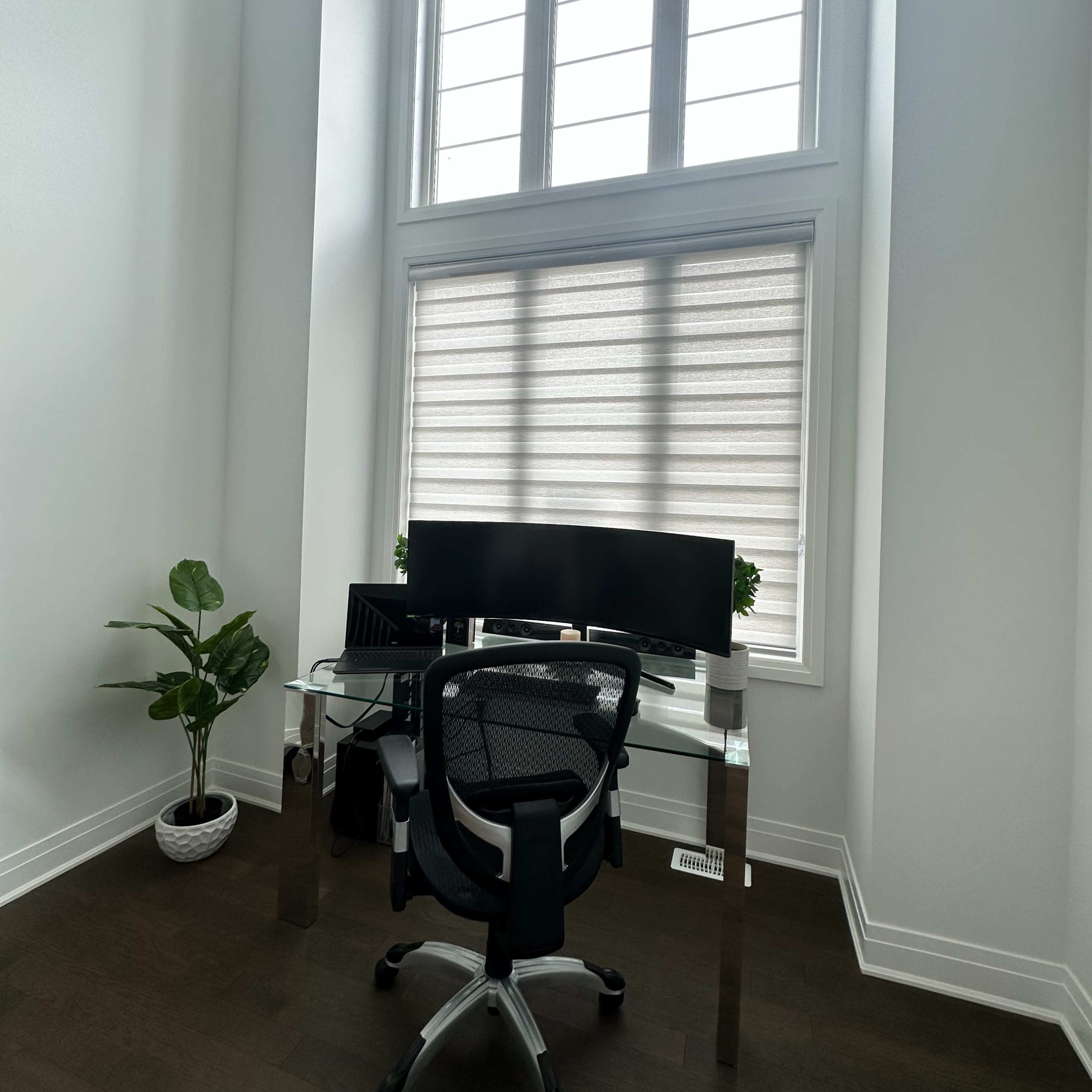 A minimalist home office features a glass desk with a computer monitor, an ergonomic chair, and a potted plant, illuminated by natural light from large windows.