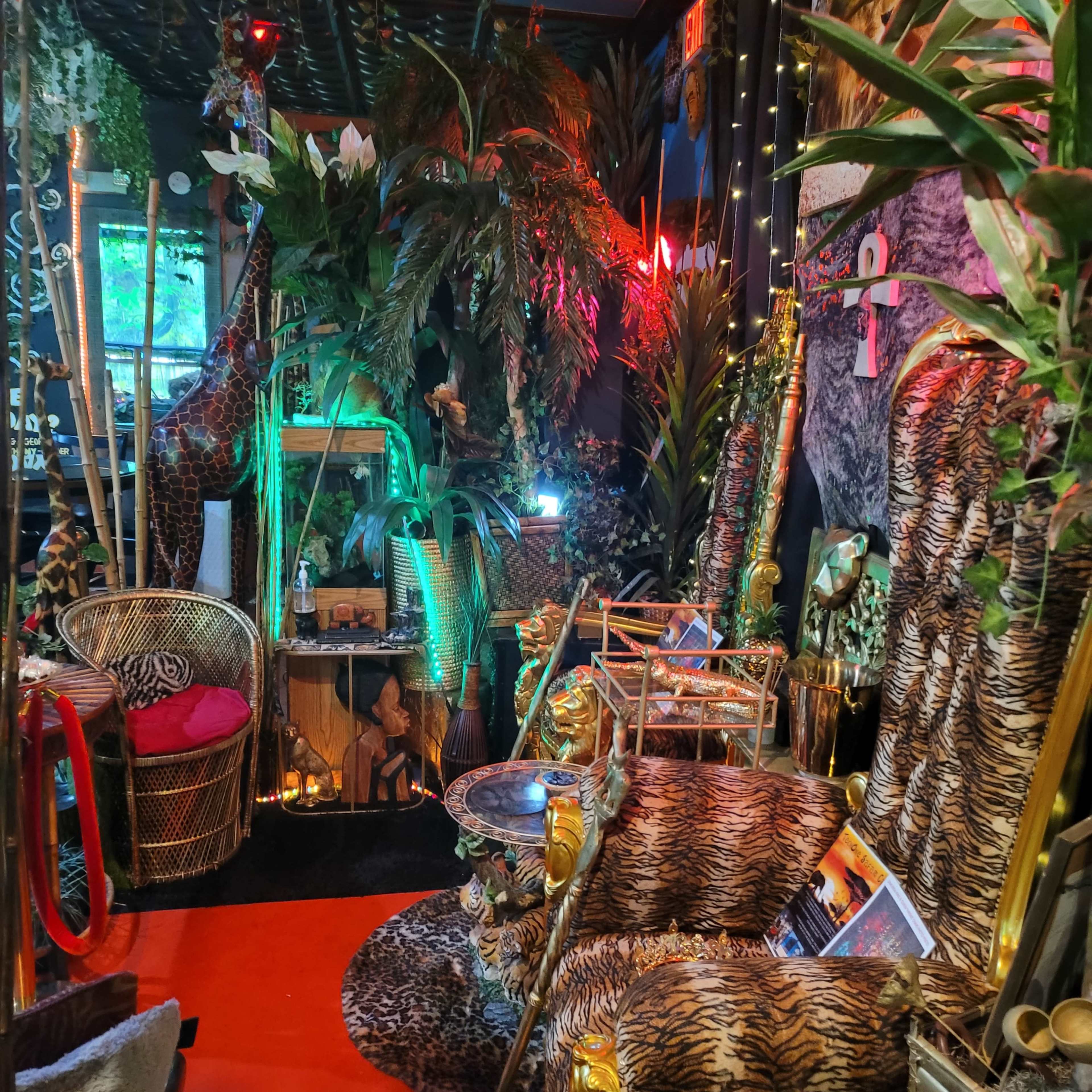 The scene features a vibrant indoor space adorned with leafy plants, animal-print furniture, and colorful lighting, creating a tropical atmosphere.