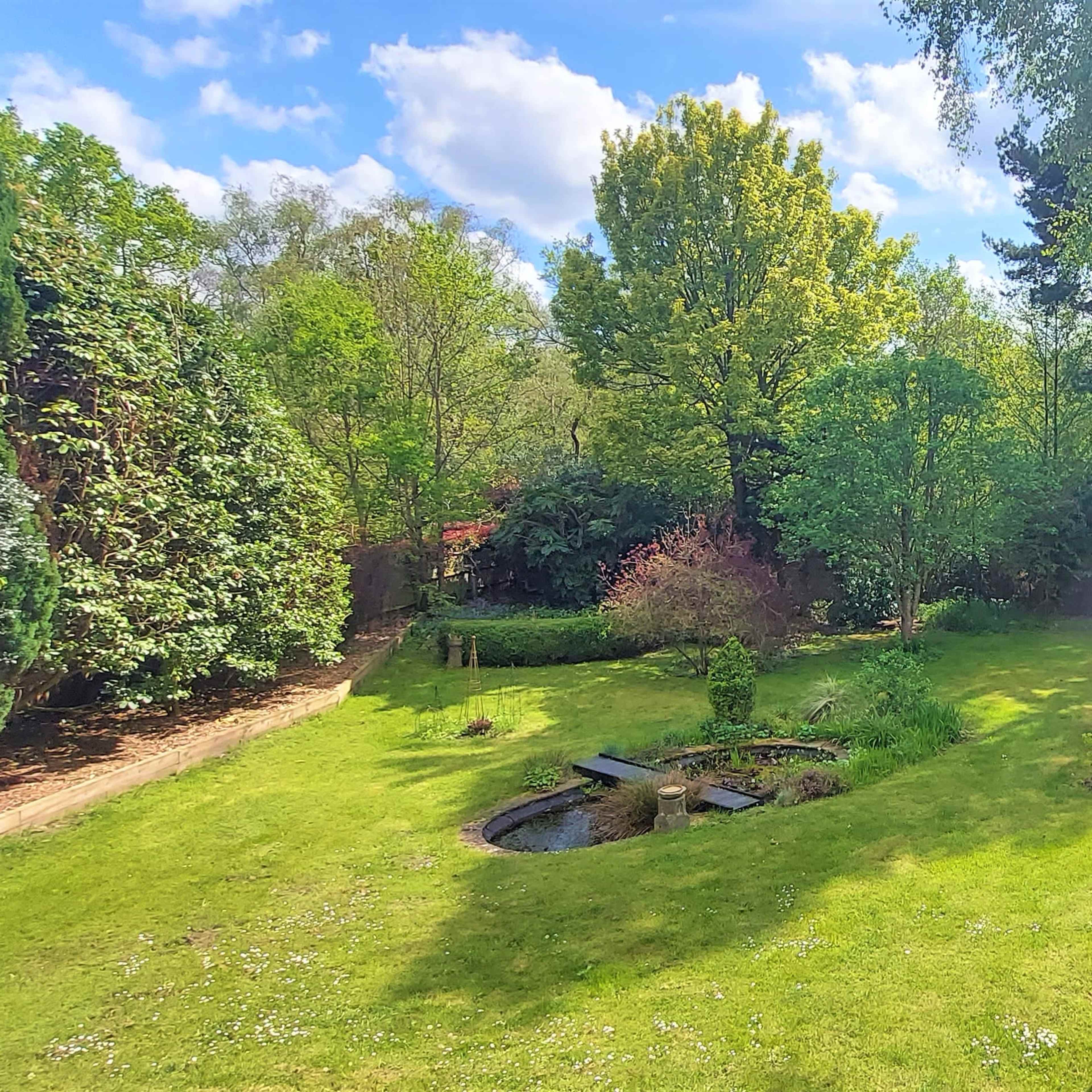 A lush garden with a small pond surrounded by greenery and flowering plants under a partly cloudy sky.