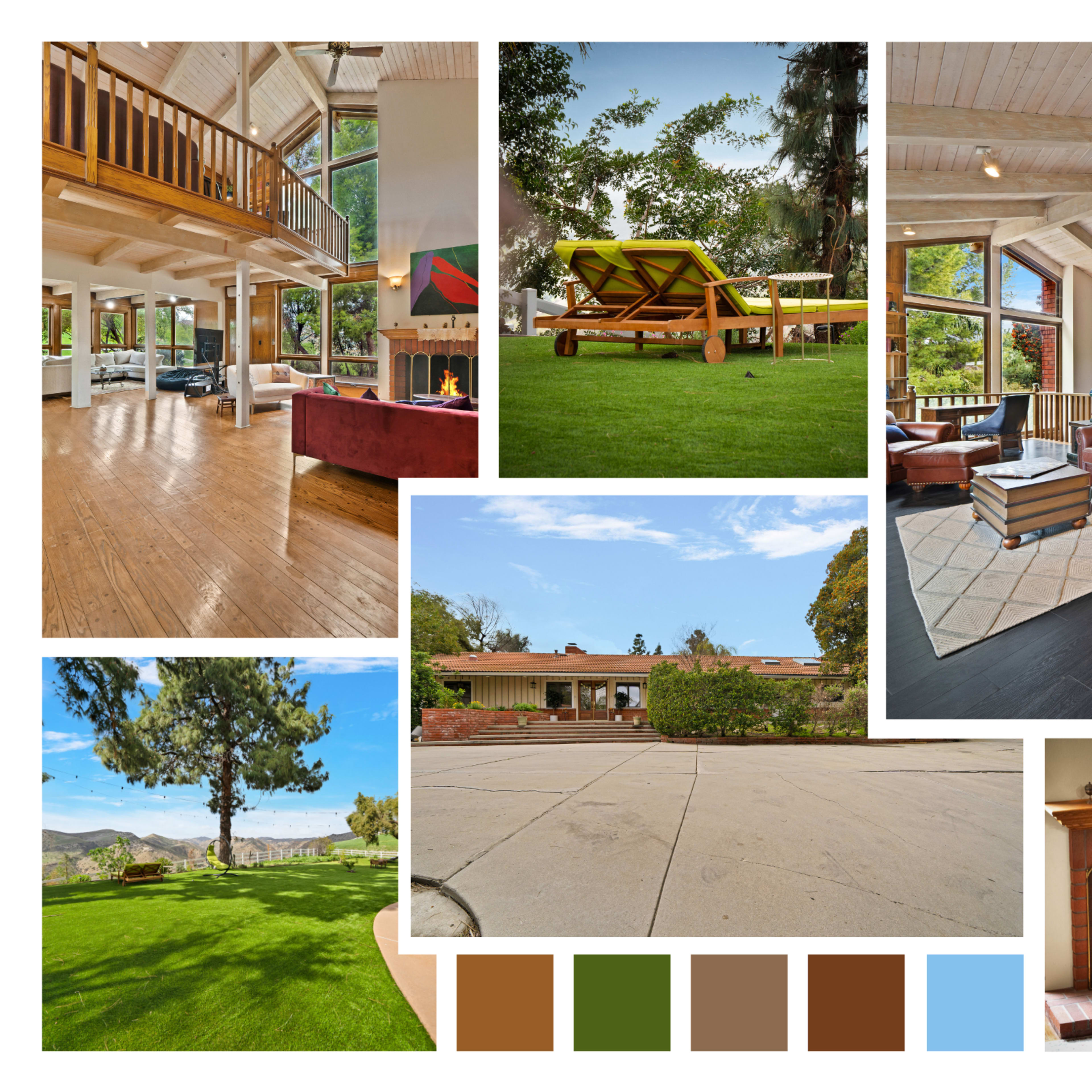 A collage of interior and exterior scenes from a modern home, showcasing a spacious living area, outdoor lounge chairs on a lawn, and a cozy fireplace.