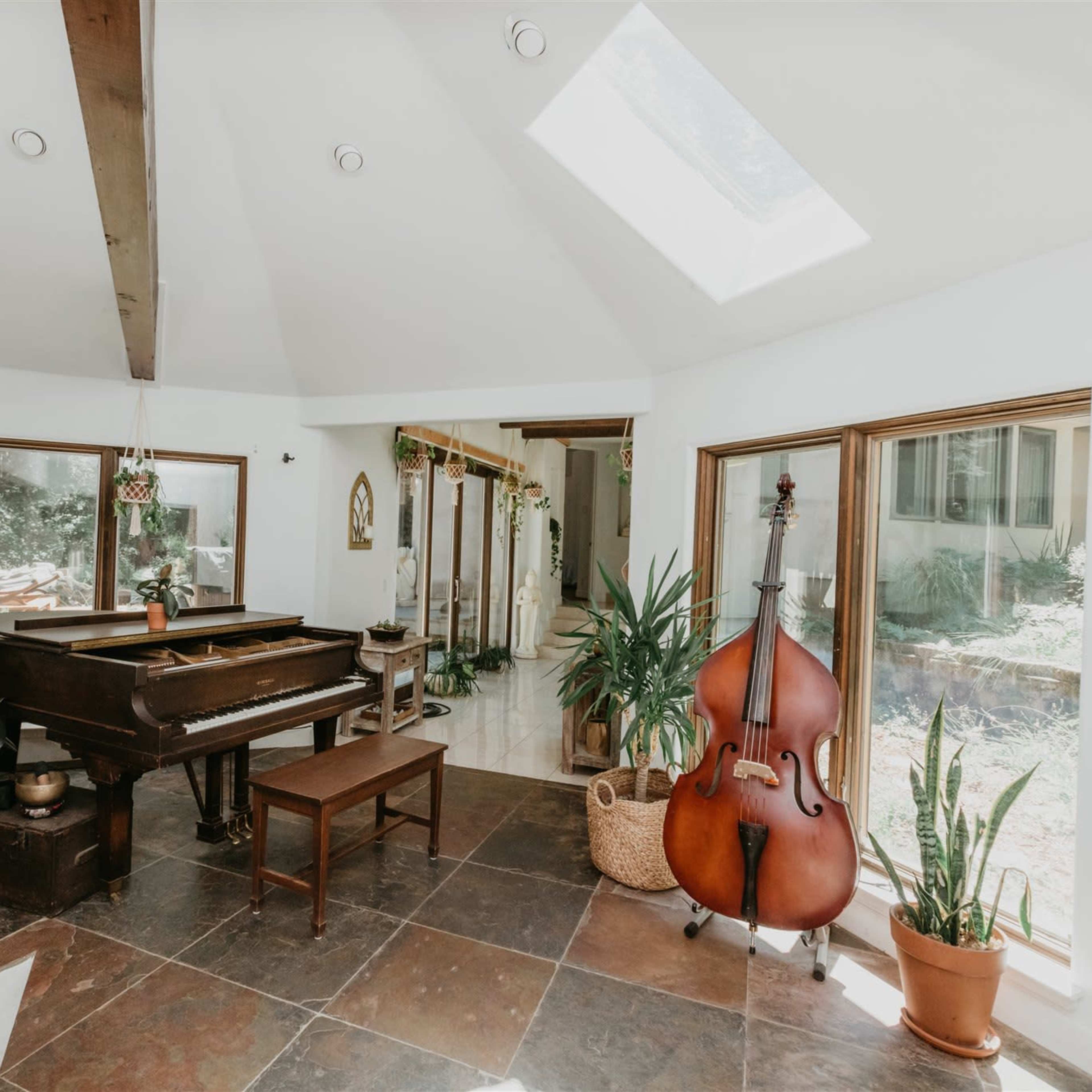 A grand piano and a double bass are positioned in a sunlit room surrounded by plants and large windows.