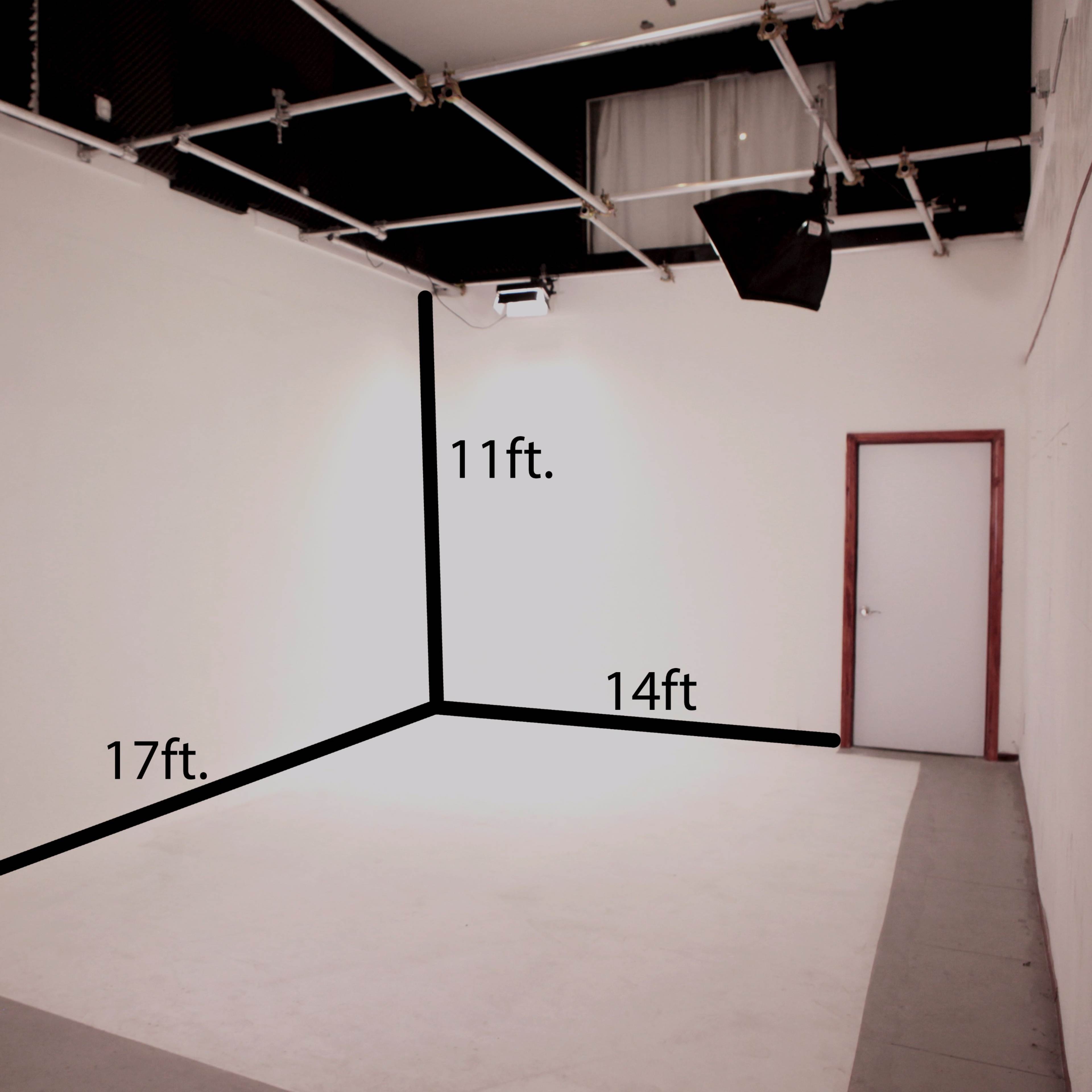 A plain, empty room with dimensions marked on three walls: 11 feet, 14 feet, and 17 feet.