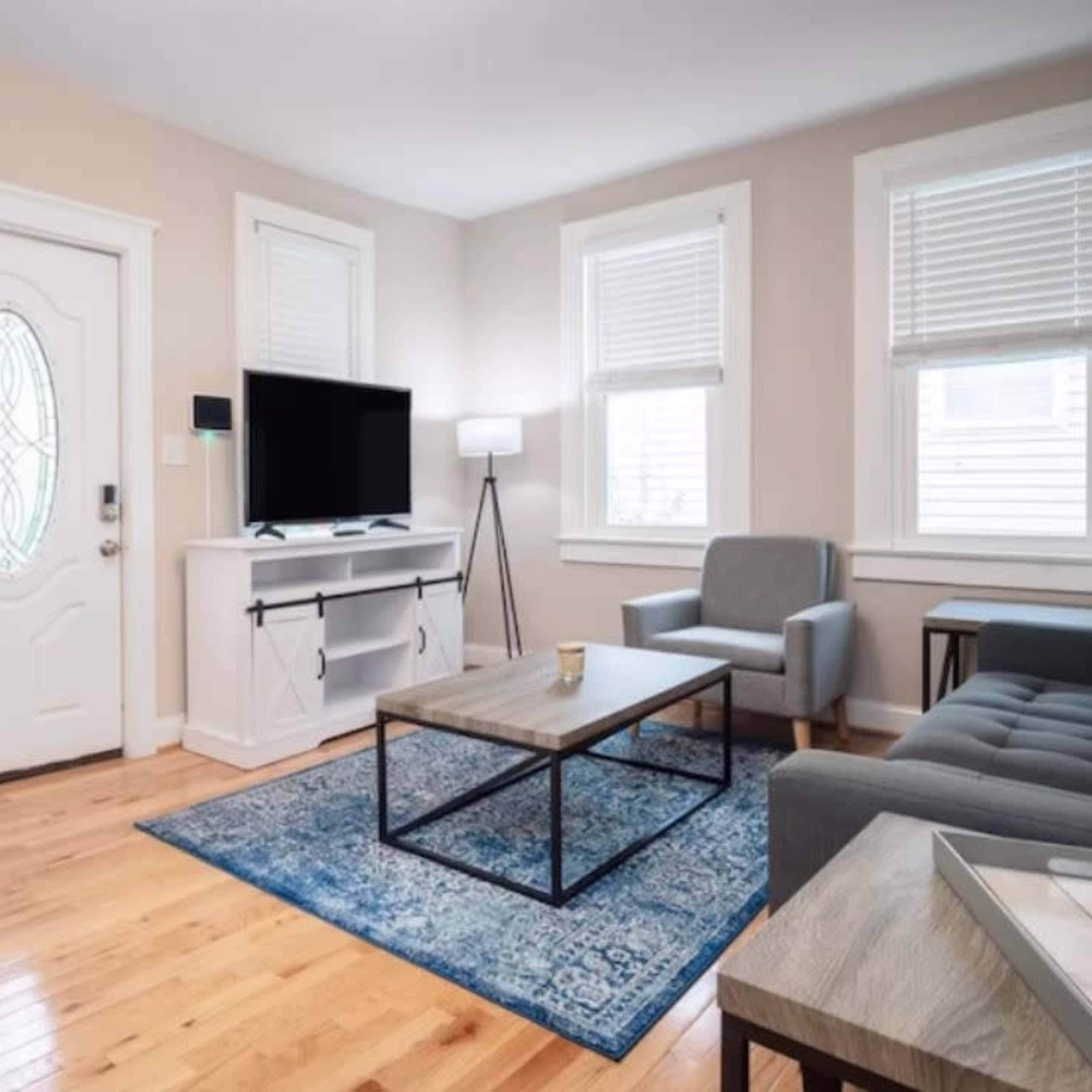 A well-lit living room features a front door, a television on a stand, a gray sofa, a coffee table, and a blue area rug on hardwood flooring.