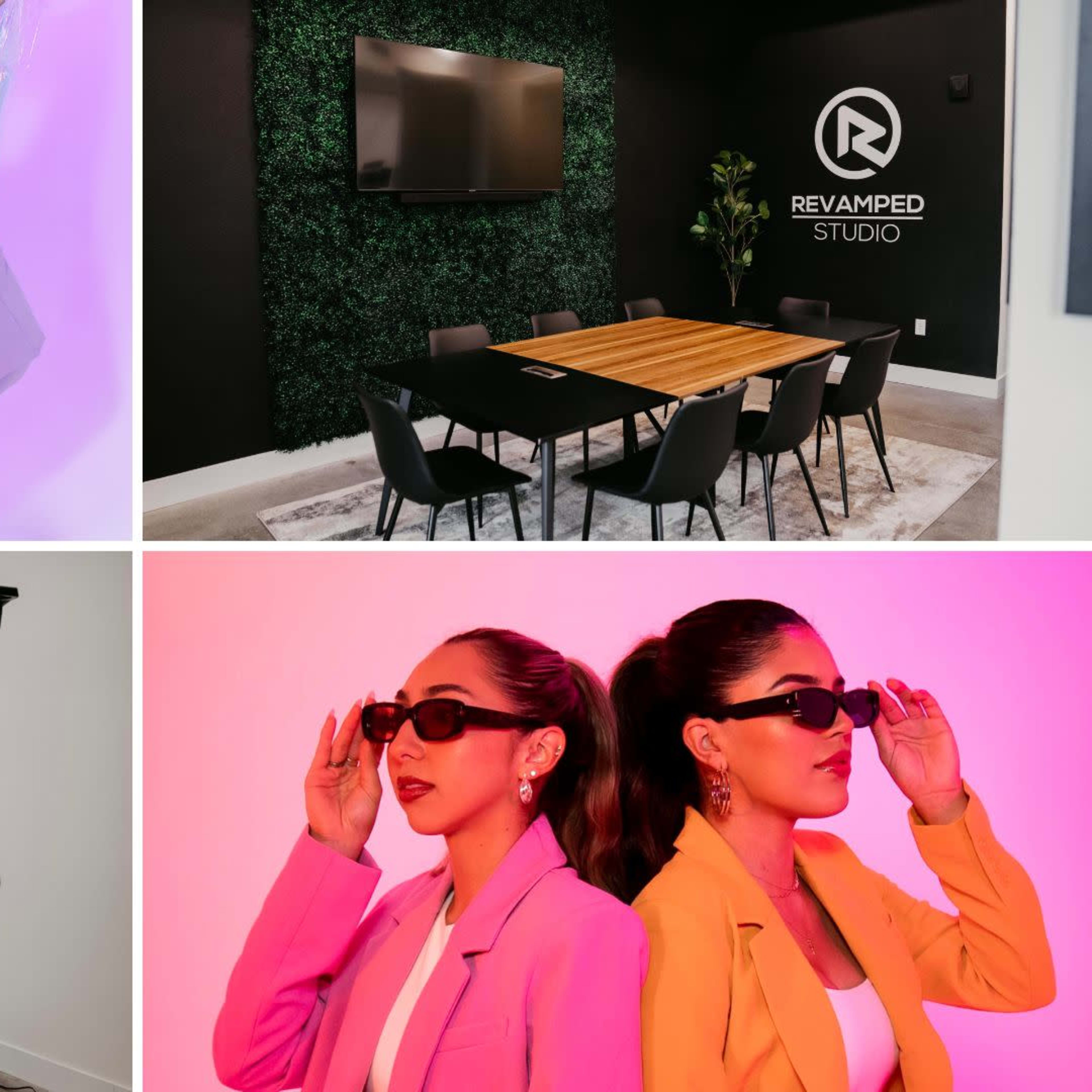 Four scenes: a group of women in colorful outfits posing together, a modern meeting room with a large table, a photoshoot setup with a model and lighting equipment, and two women wearing sunglasses against a vibrant background.