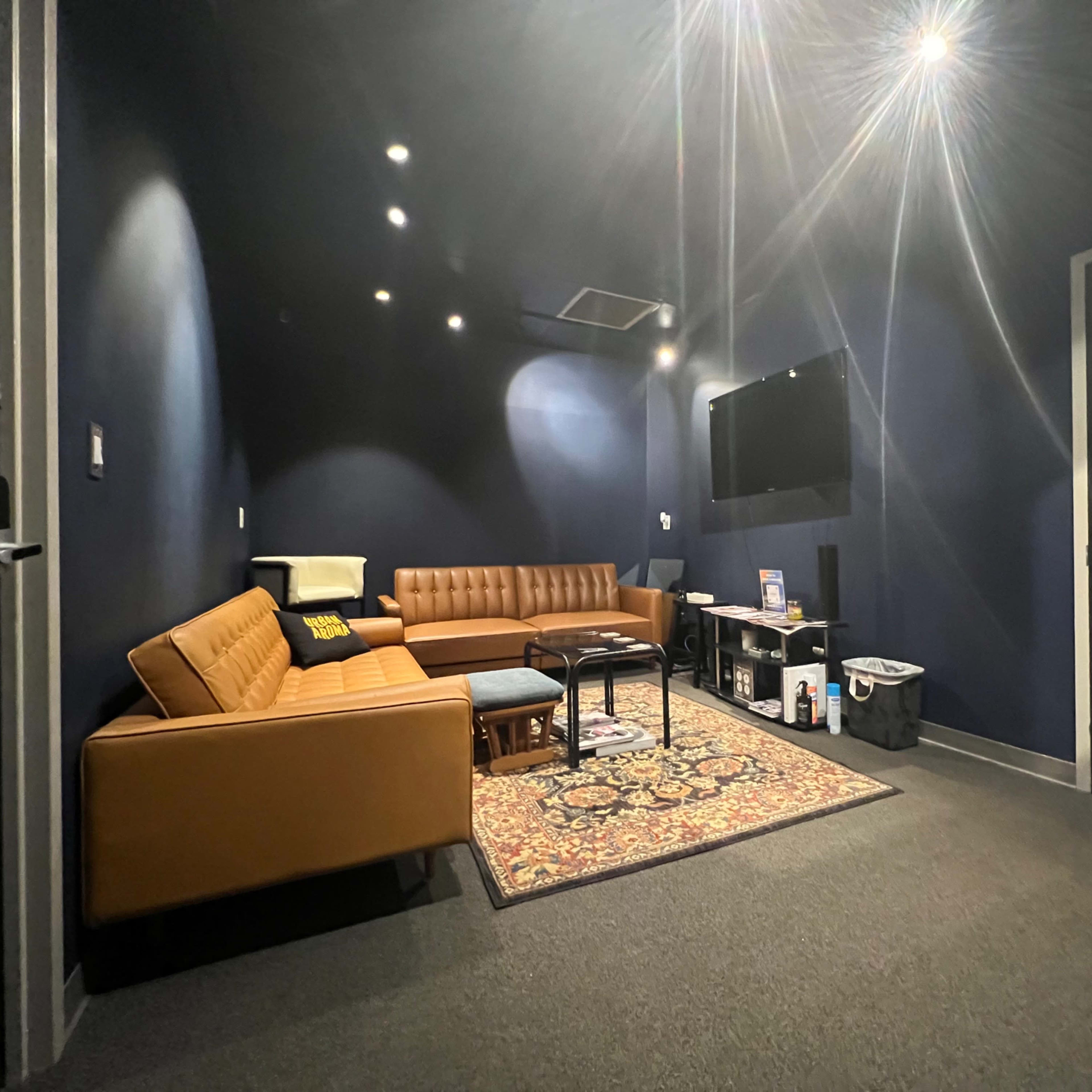 A cozy, well-lit lounge area with a brown leather sofa, a coffee table, a television mounted on the wall, and a decorative rug on the floor.