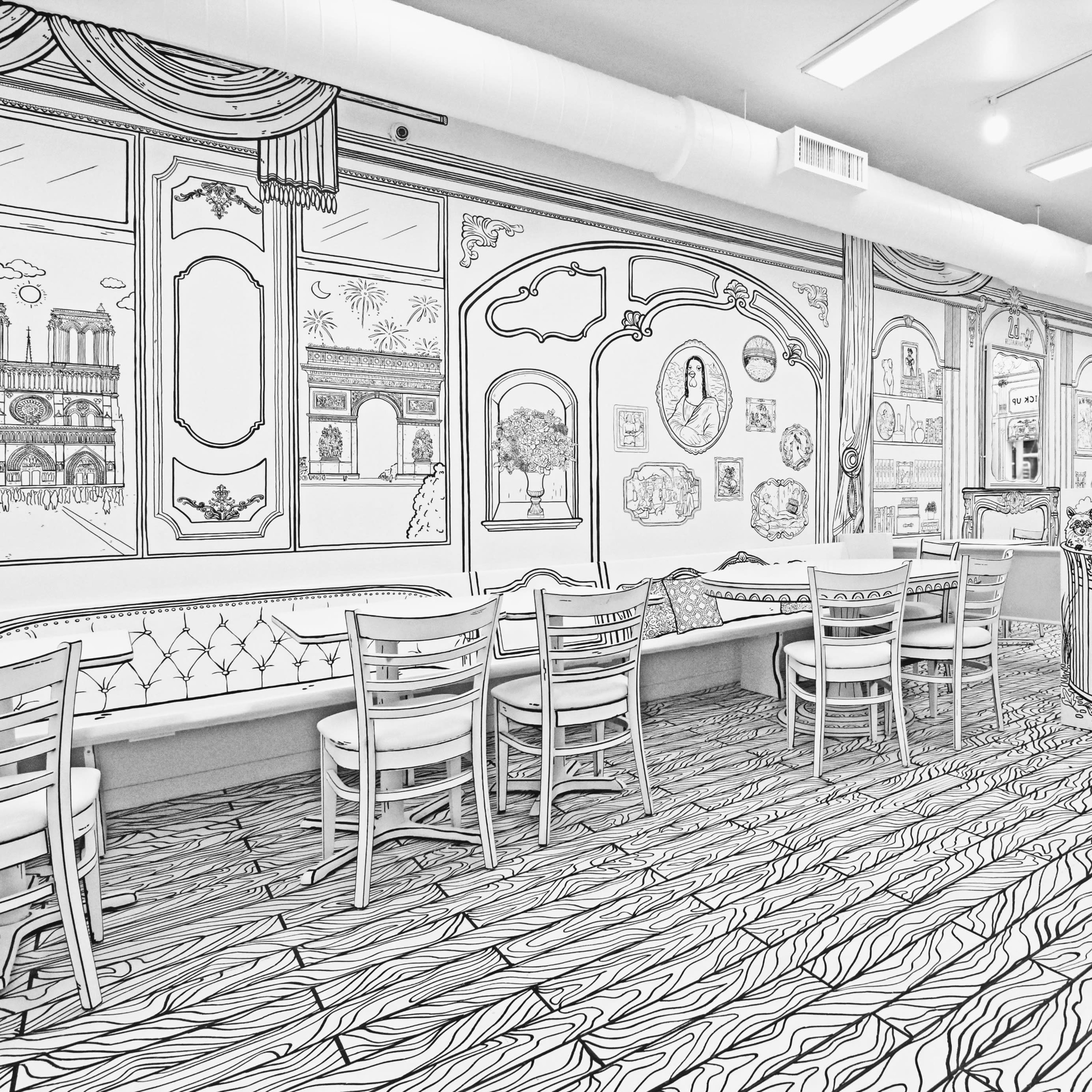 A cafe interior featuring sketches of walls, furniture, and decor in a monochromatic style.
