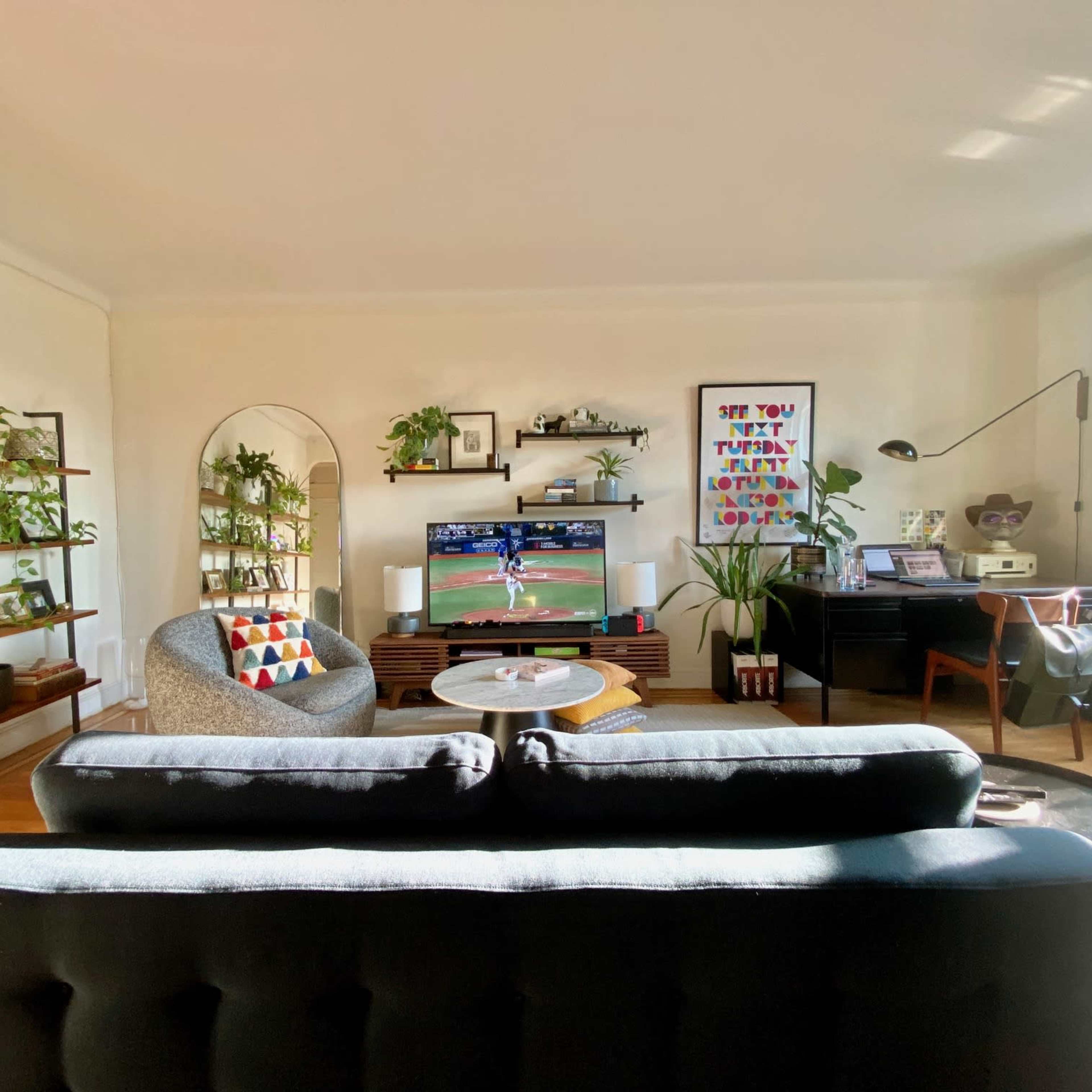 A cozy living room features a sofa, a coffee table, a television displaying a sports game, and shelves filled with plants and books.