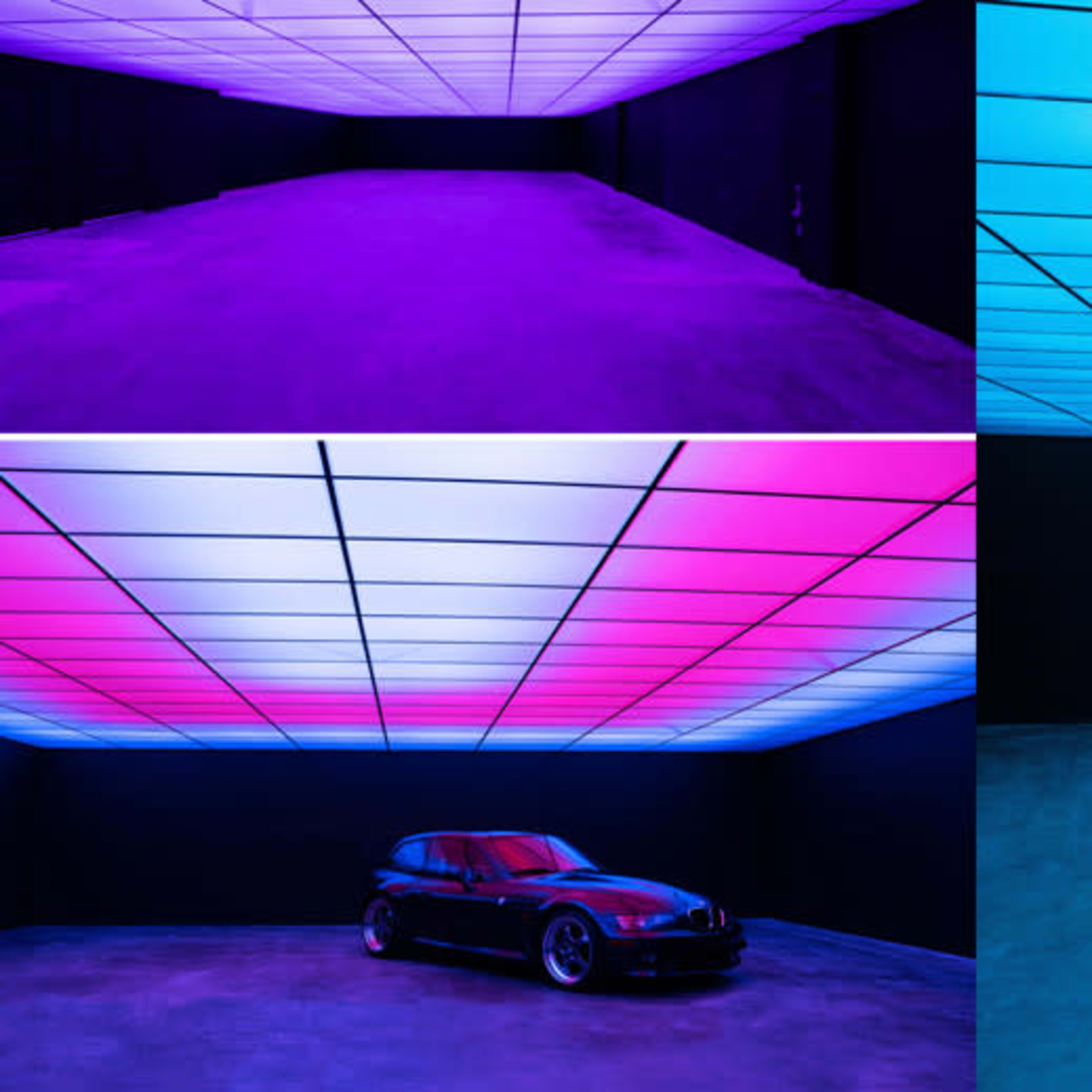 A low-lit room with a gradient-colored ceiling features a parked black car, creating a modern and minimalist atmosphere.