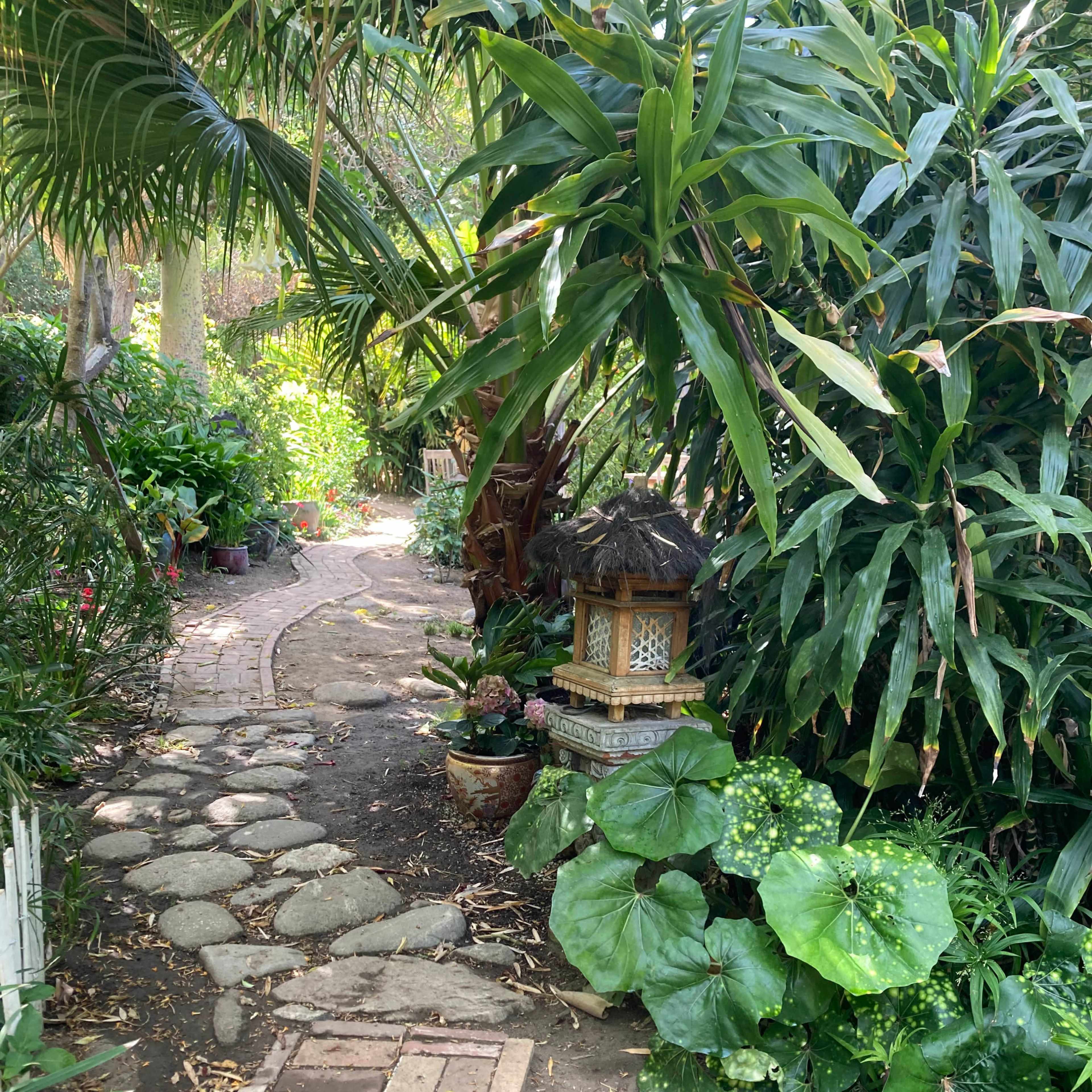 A winding garden path leads through lush greenery, flanked by potted plants and a decorative lantern.