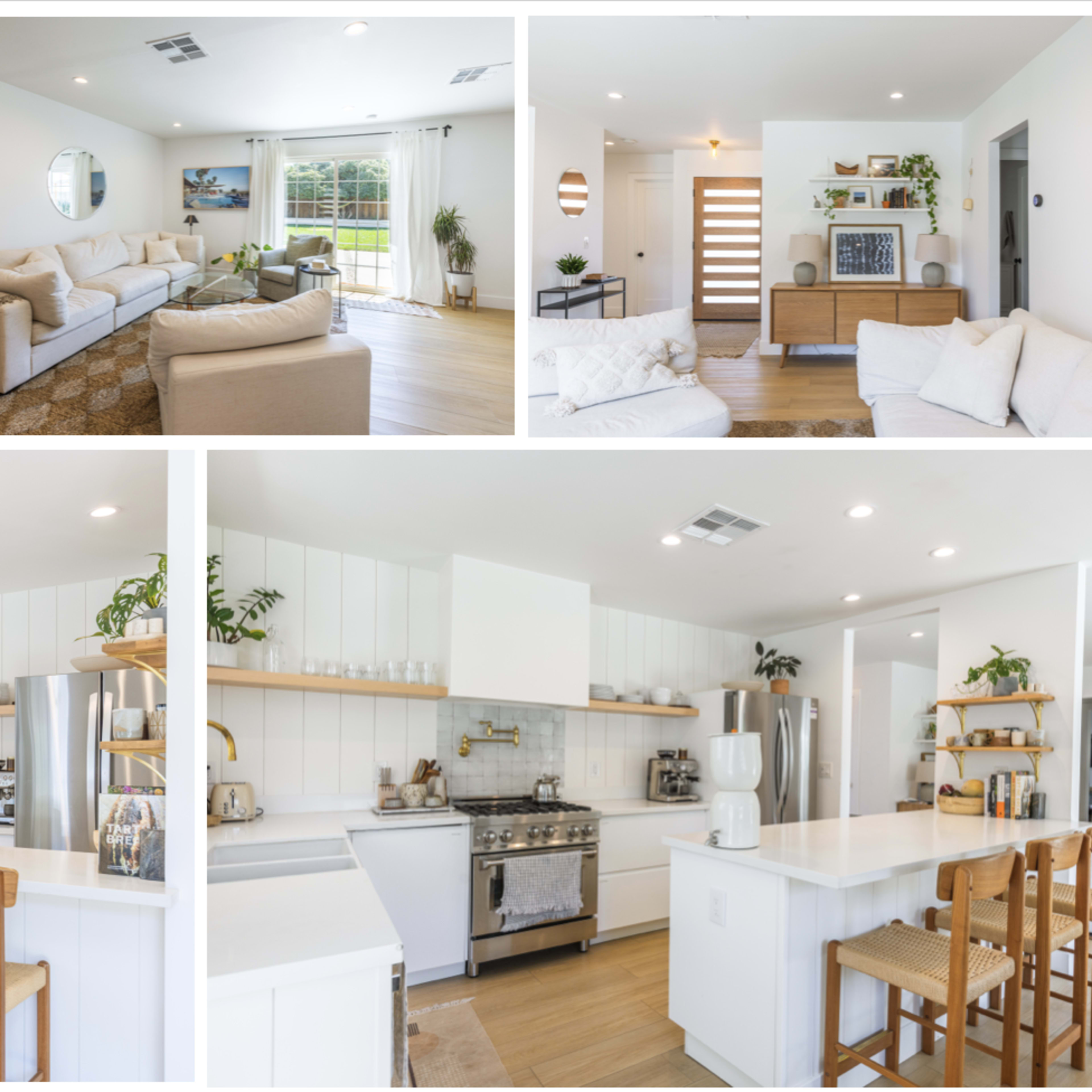 A modern open-concept living space, featuring a well-equipped kitchen, a dining area, and a cozy living room with ample seating.