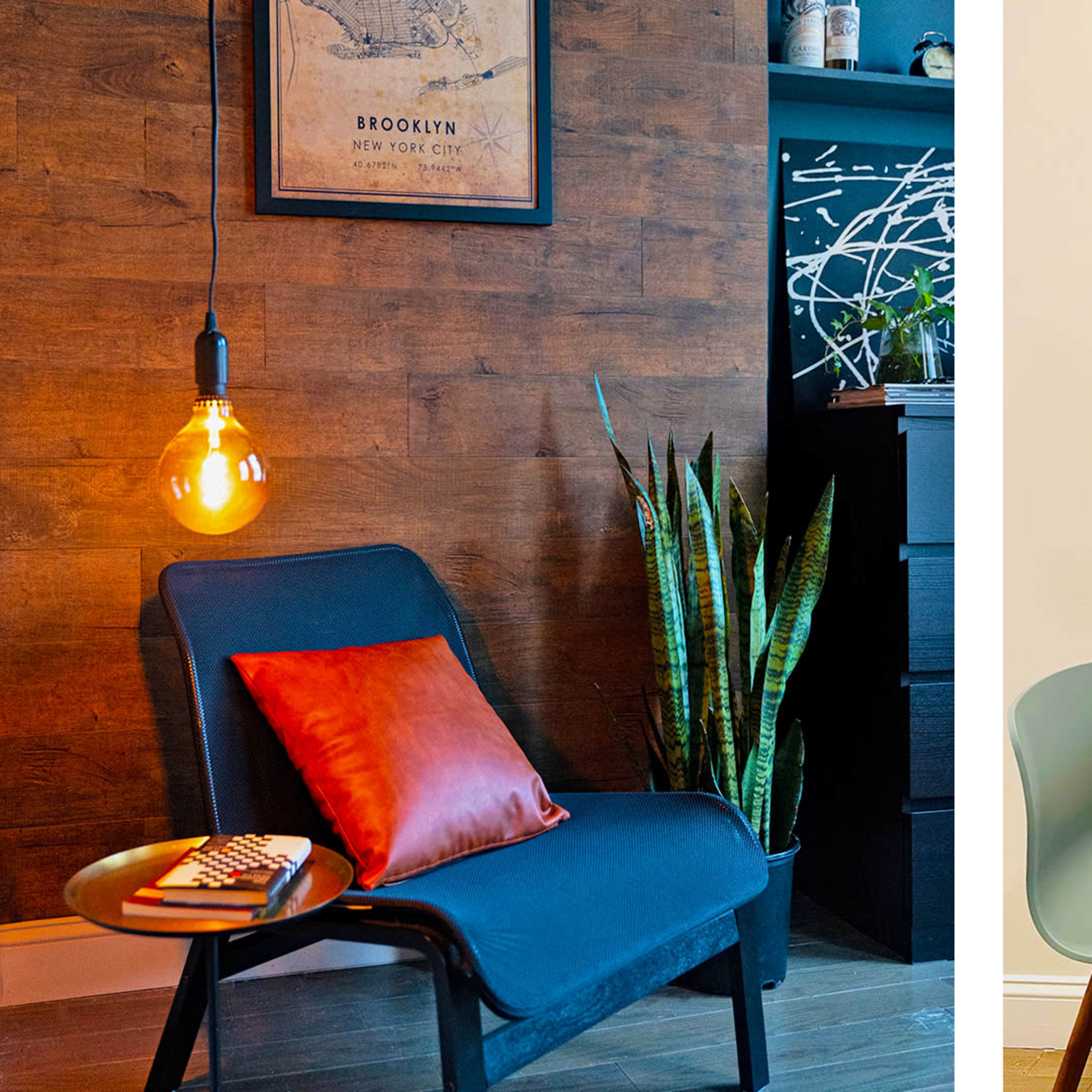 A split scene featuring a cozy chair with a cushion and plants on the left, and a small round table with three chairs and decorative items on the right.