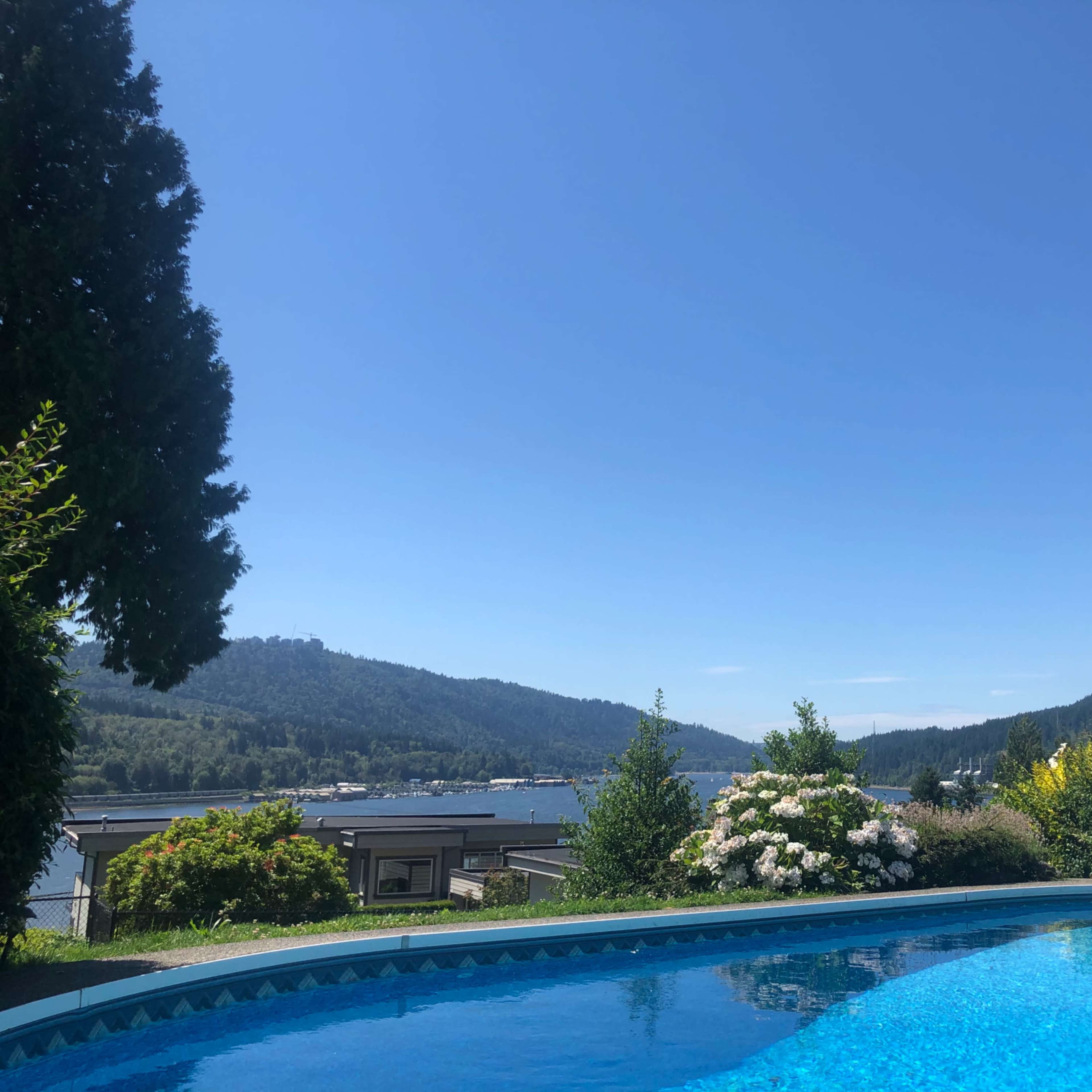 A swimming pool is surrounded by greenery and flowers, overlooking a lake with hills in the background under a clear blue sky.