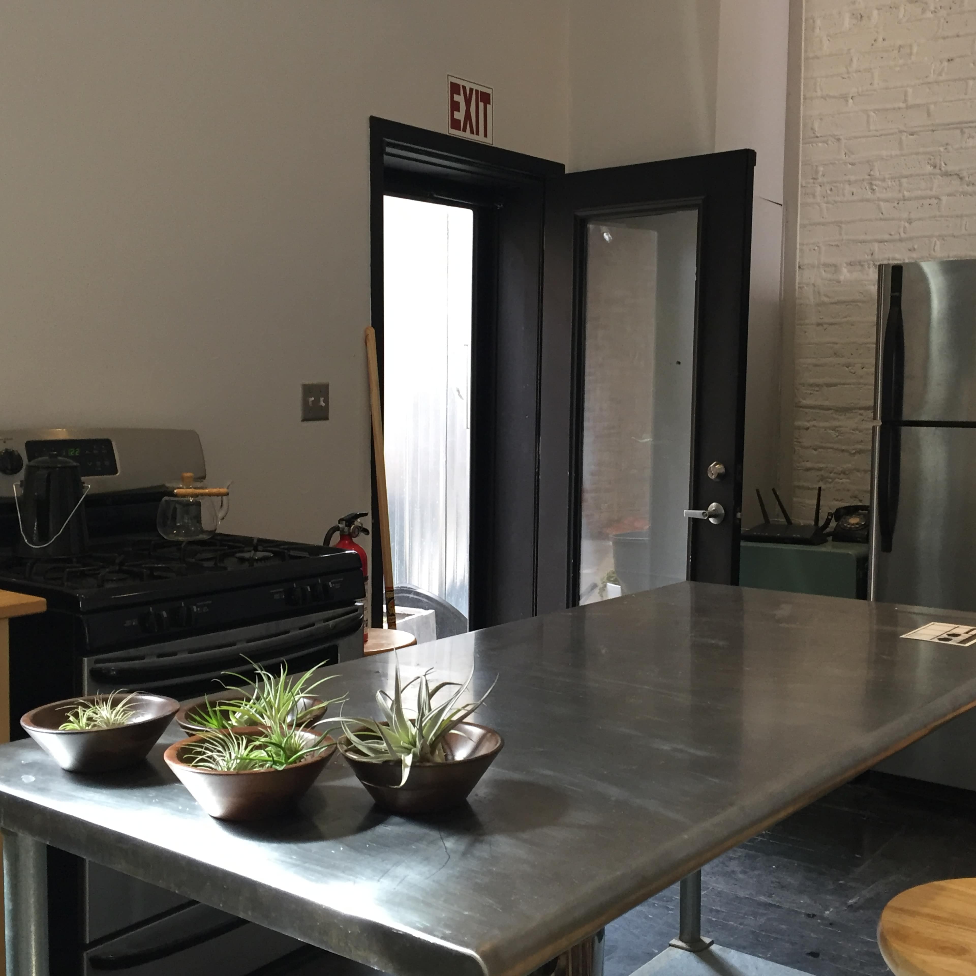 A kitchen with a stainless steel table, several bowls of plants, a gas stove, a refrigerator, and an exit door.