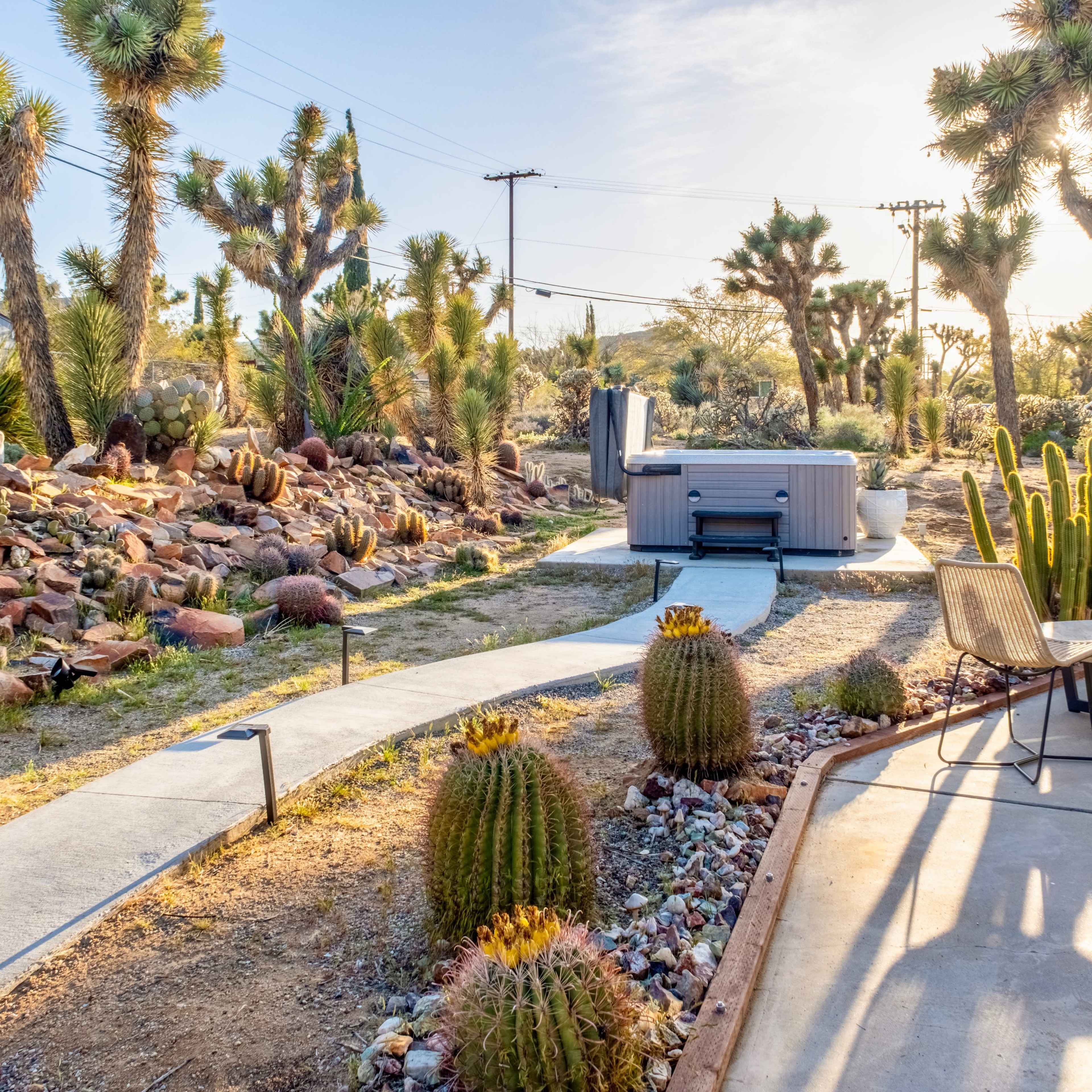The scene features a desert landscape with a hot tub, a pathway, cacti, and a seating area surrounded by Joshua trees and rocky terrain.
