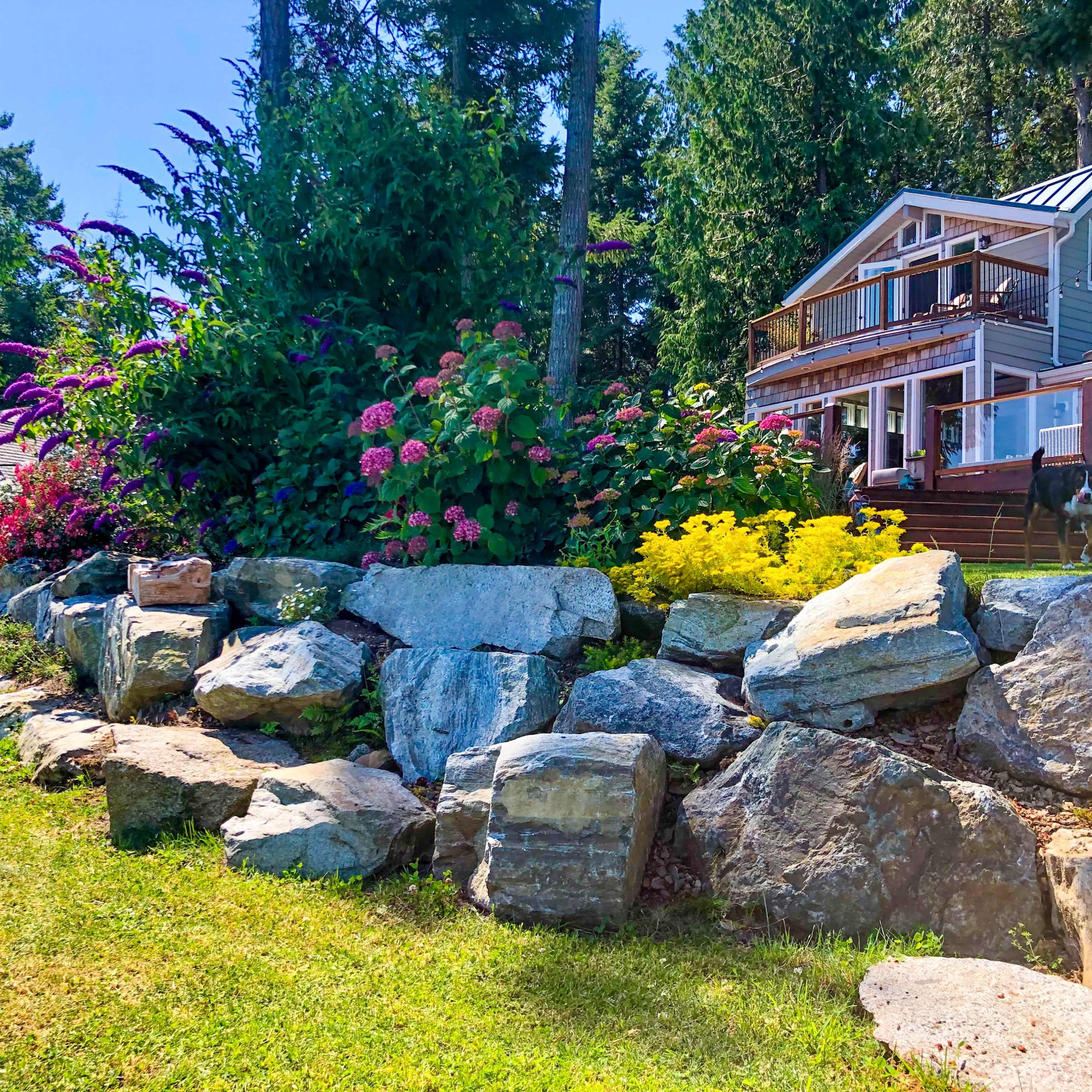A lush garden with colorful flowers and a rocky border in front of a house set among tall trees.