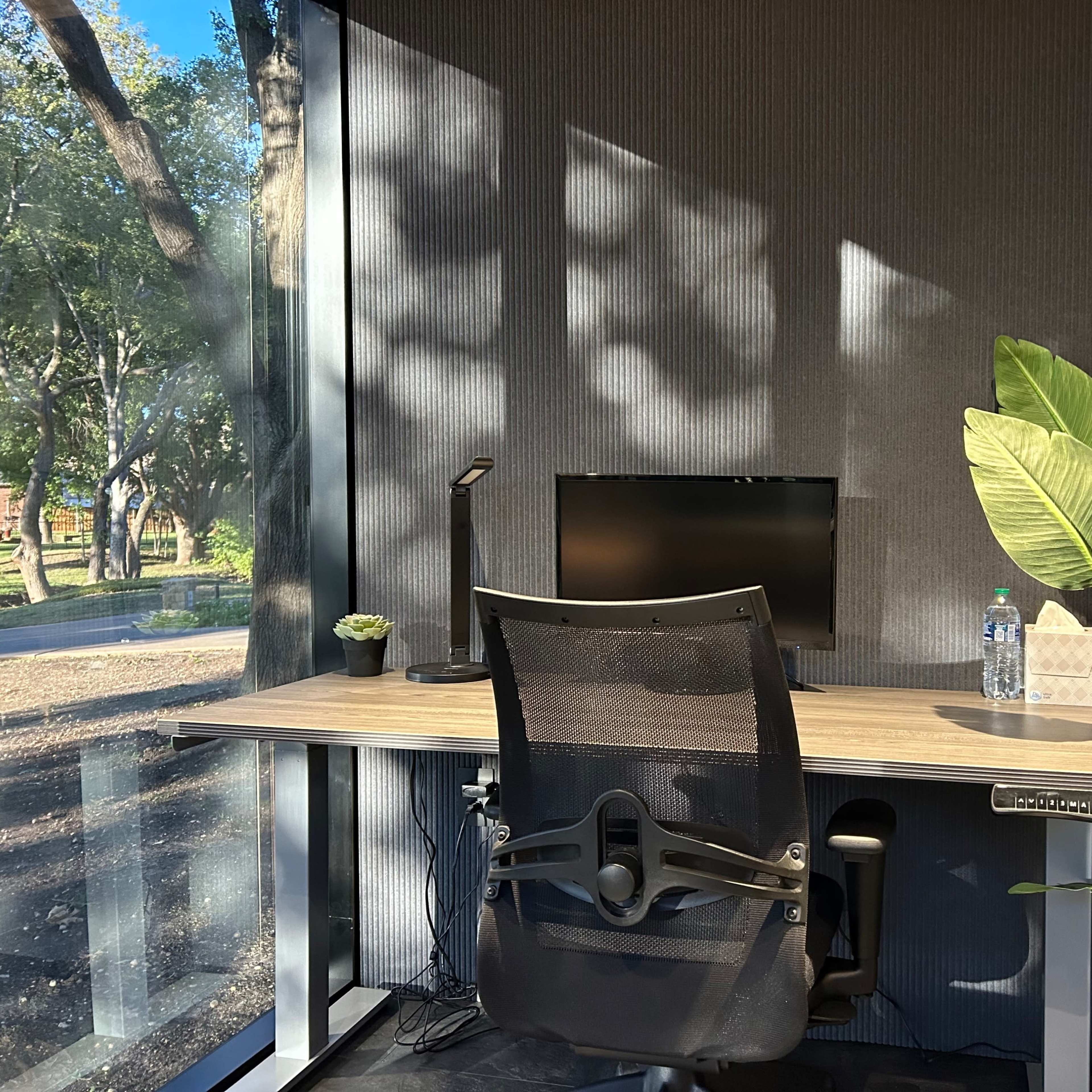 A modern workspace with a desk, computer monitor, office chair, and a large plant, situated in a well-lit area with large windows overlooking greenery.