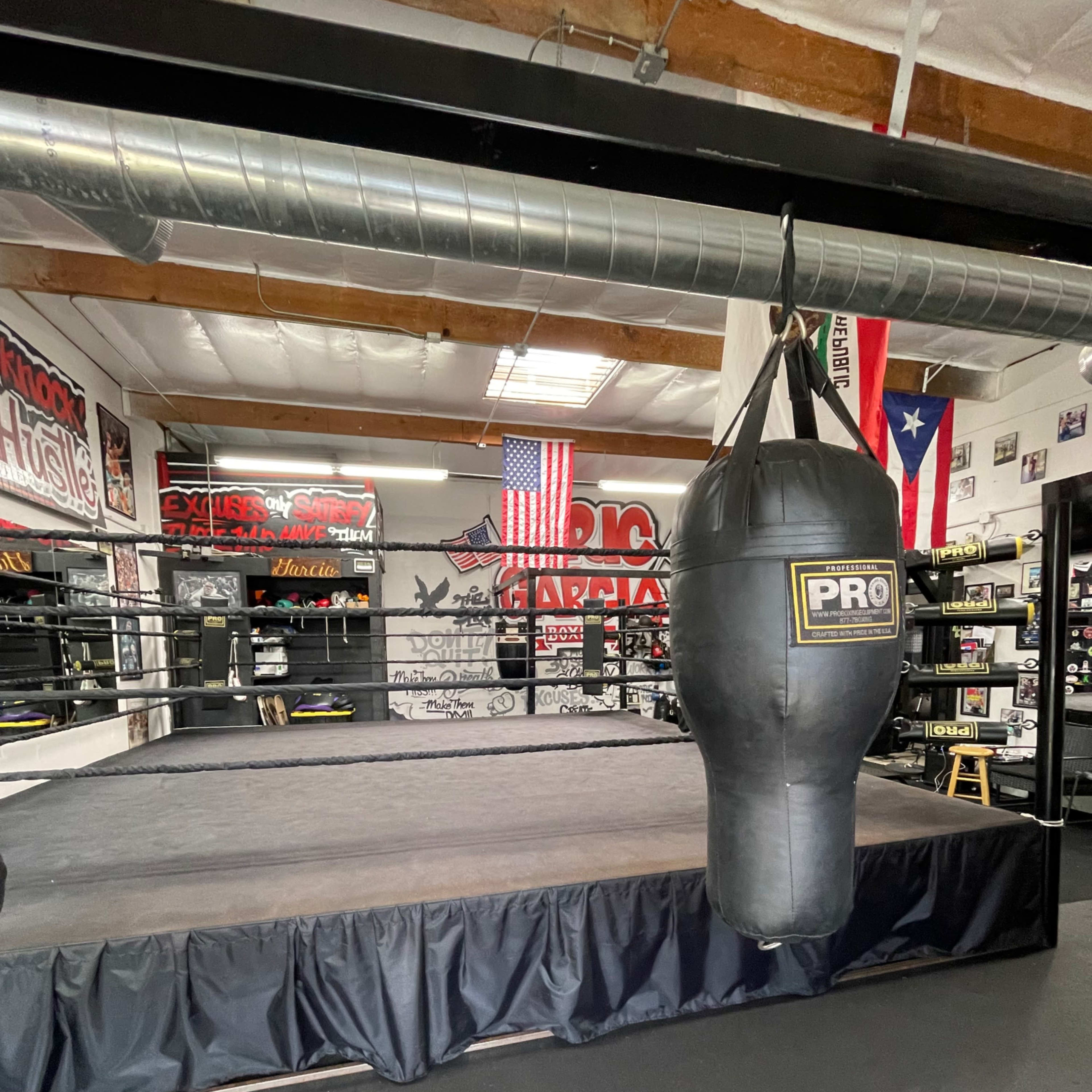 A boxing gym with a ring, a hanging heavy bag, and various gym equipment along the walls.