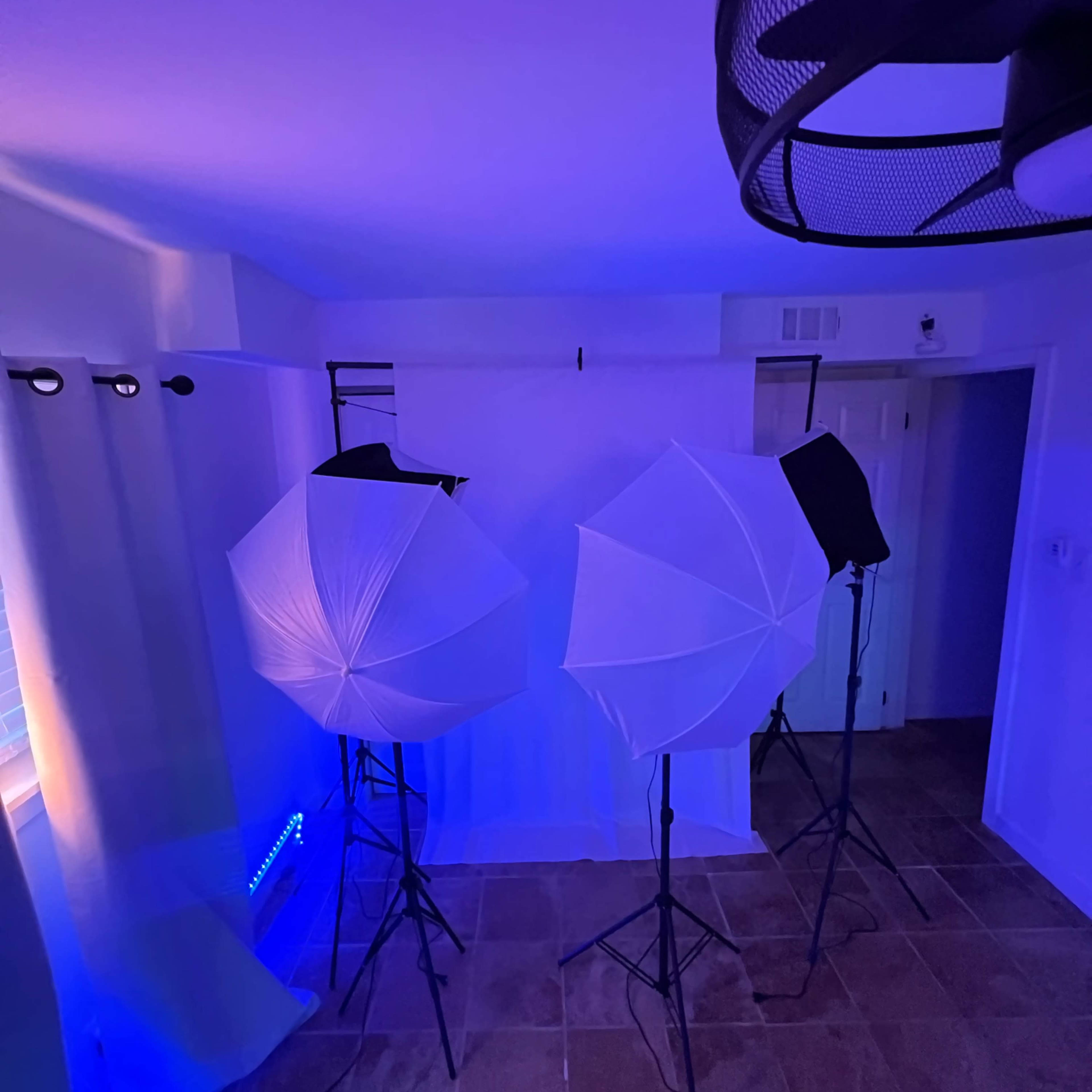 The scene features two light umbrellas on stands facing a backdrop in a room with blue LED lighting and a ceiling fan.
