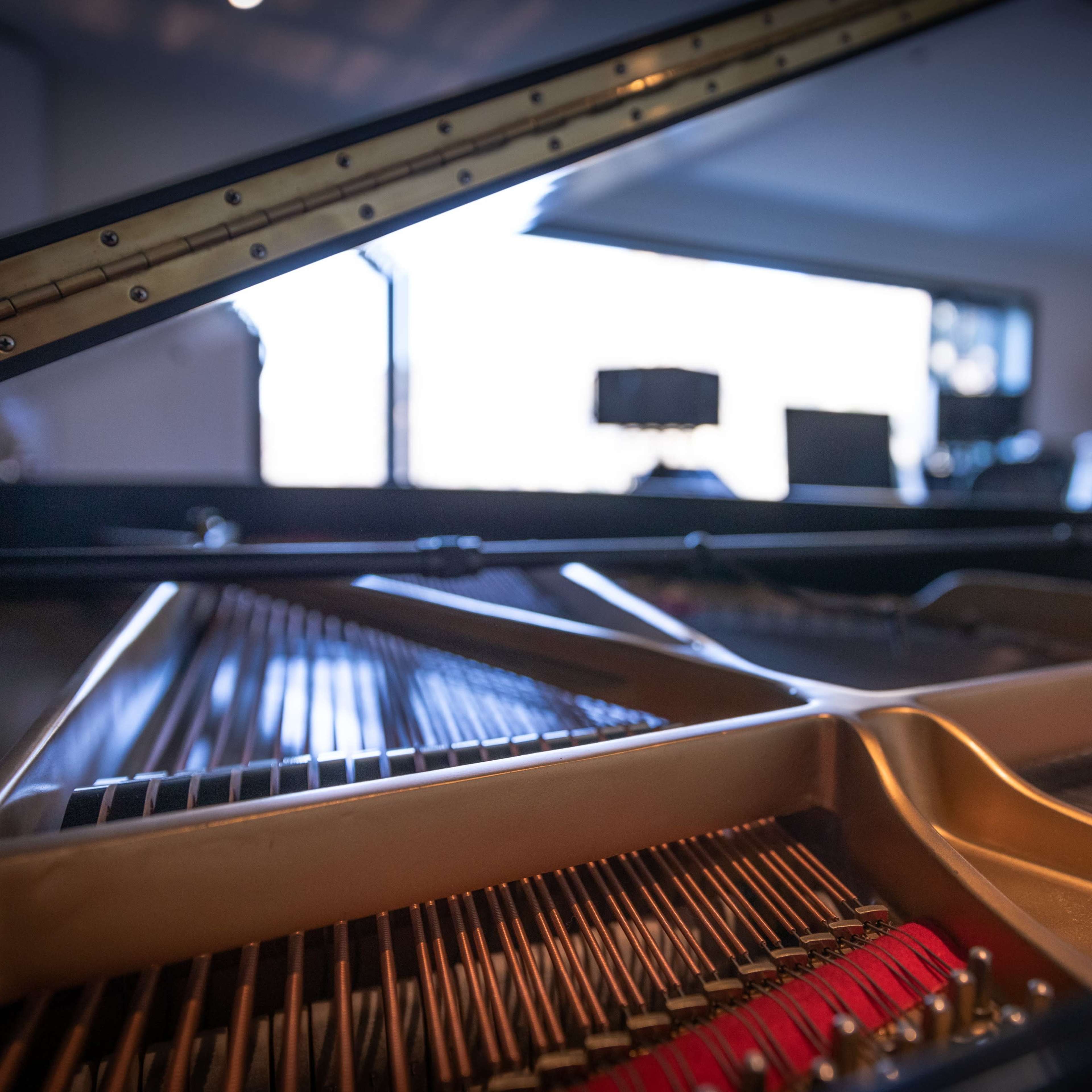The interior of a grand piano with its lid raised, displaying the strings and hammers.