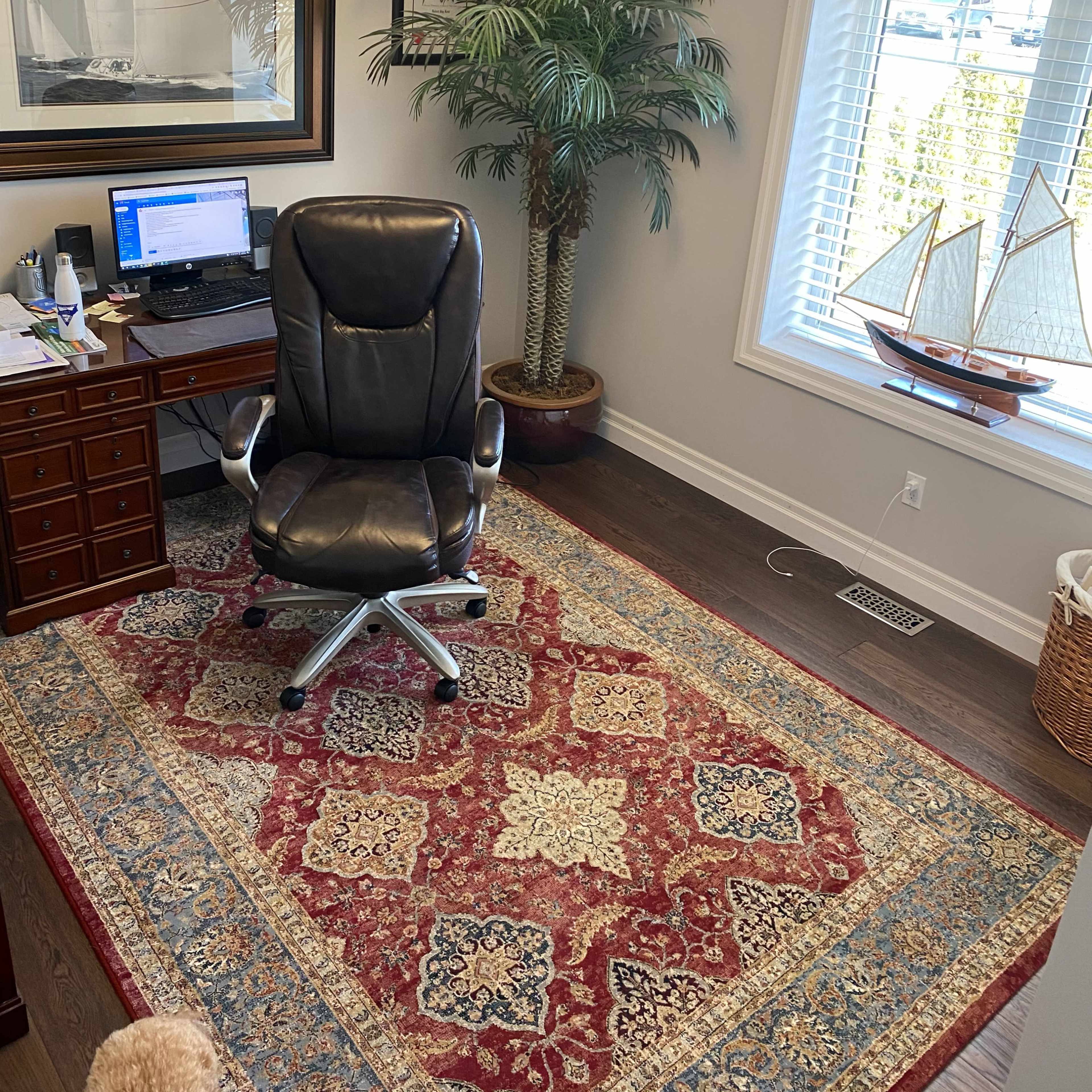 An office space features a desk with a computer, a swivel chair, a decorative palm plant, and a model sailboat near a window, all set on a patterned area rug.