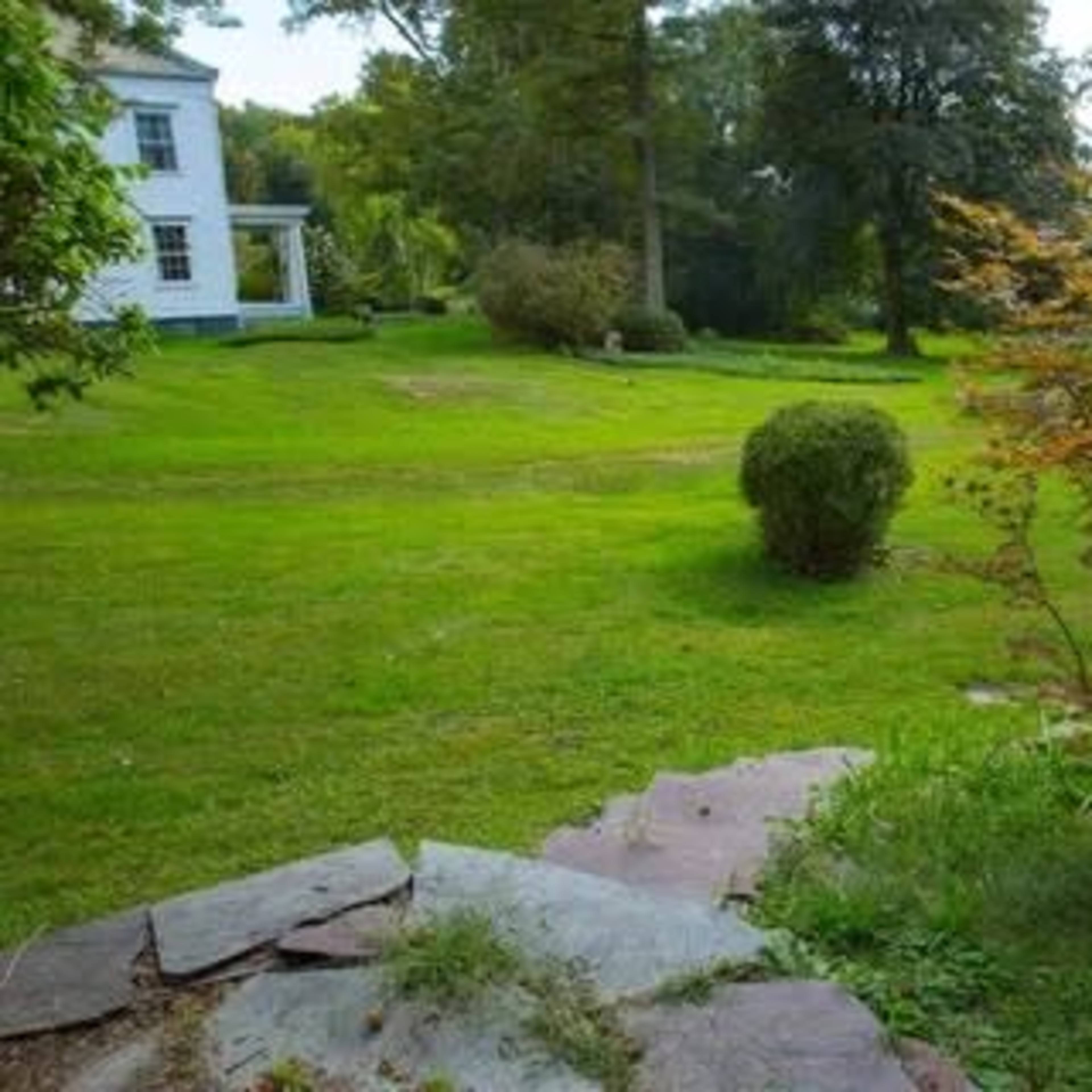 A stone pathway leads to a well-maintained grassy area with a small shrub and trees in the background near a white house.
