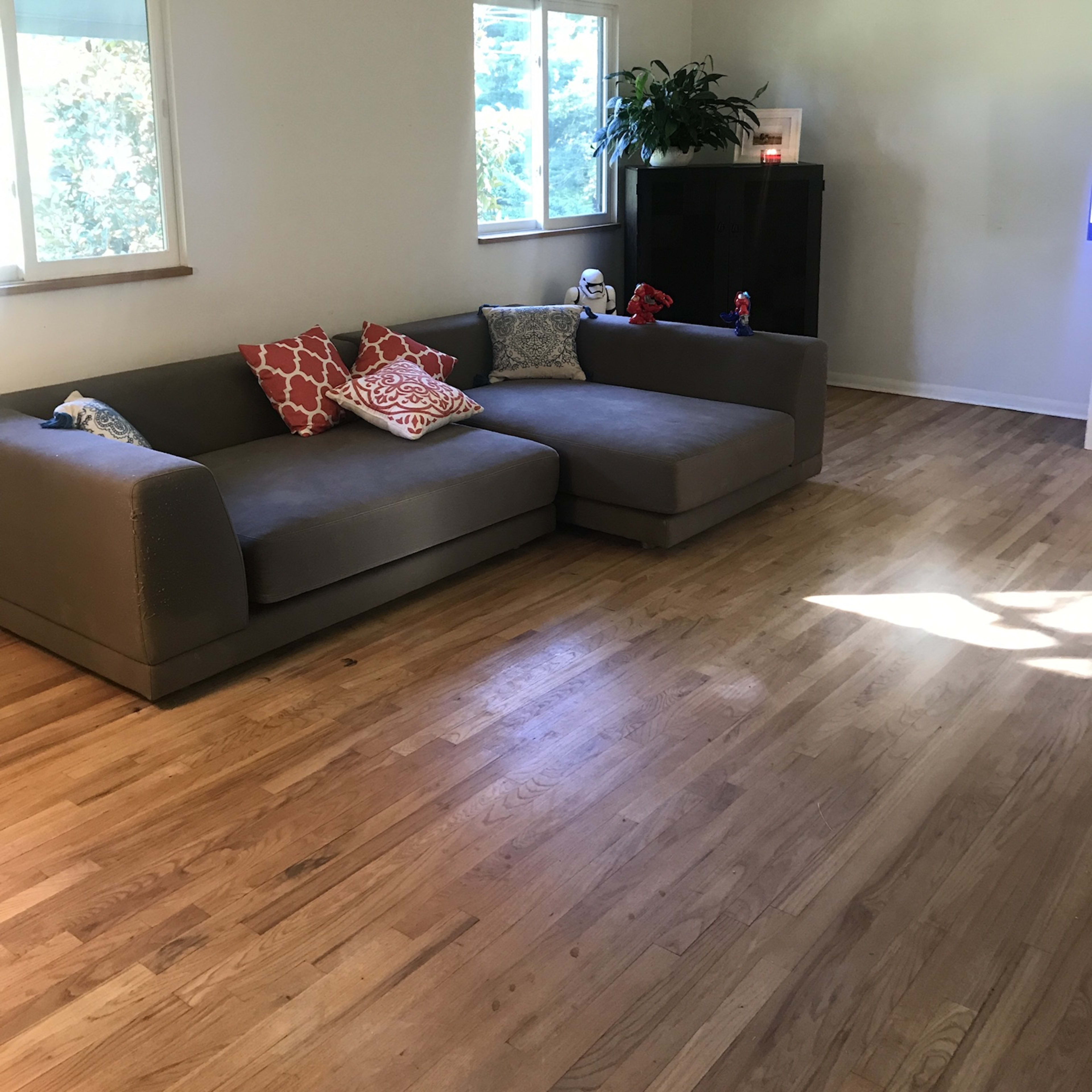 A spacious living room with a large gray sectional sofa, wooden flooring, and two windows allowing natural light in.