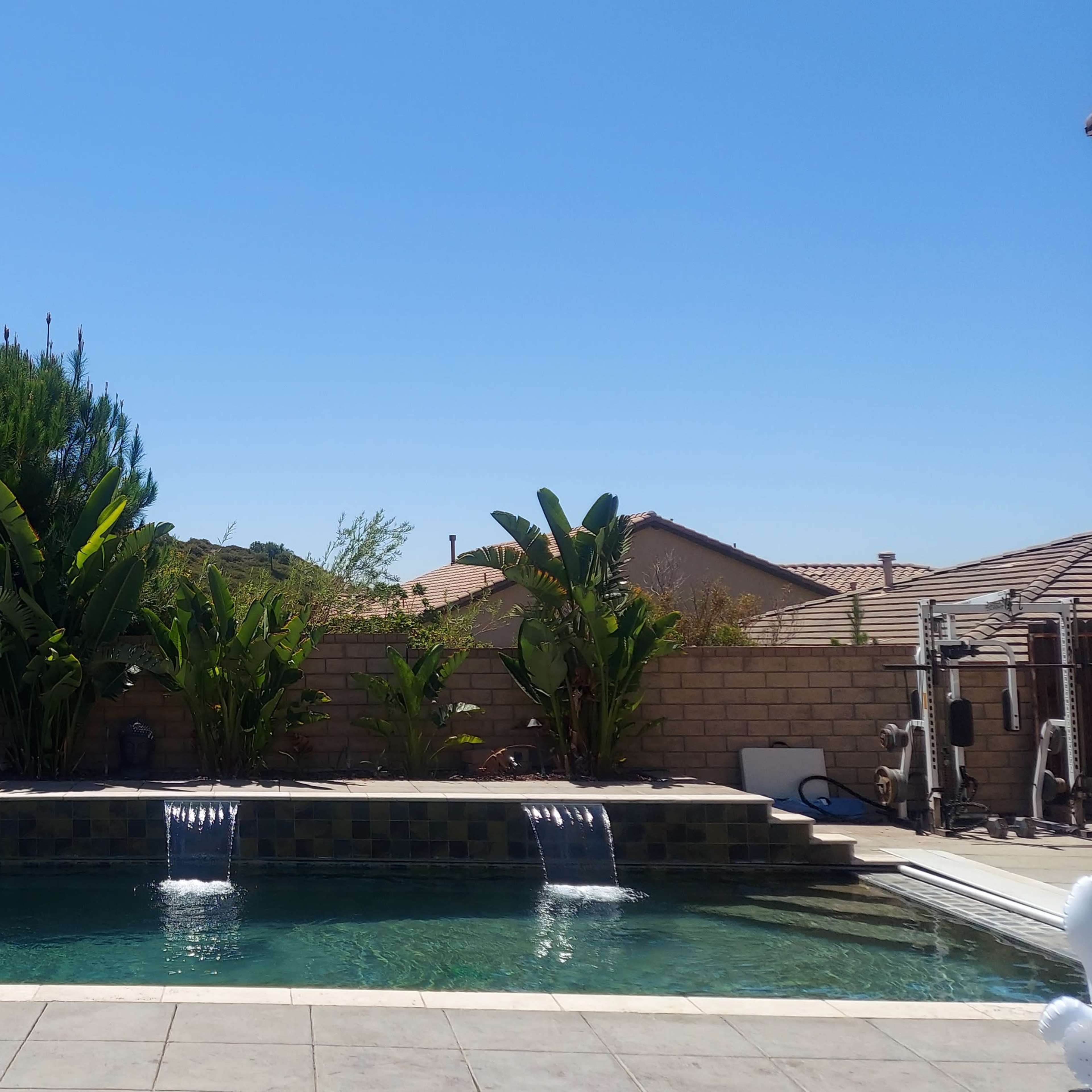 A swimming pool with cascading water features, surrounded by tall plants and houses under a clear blue sky.
