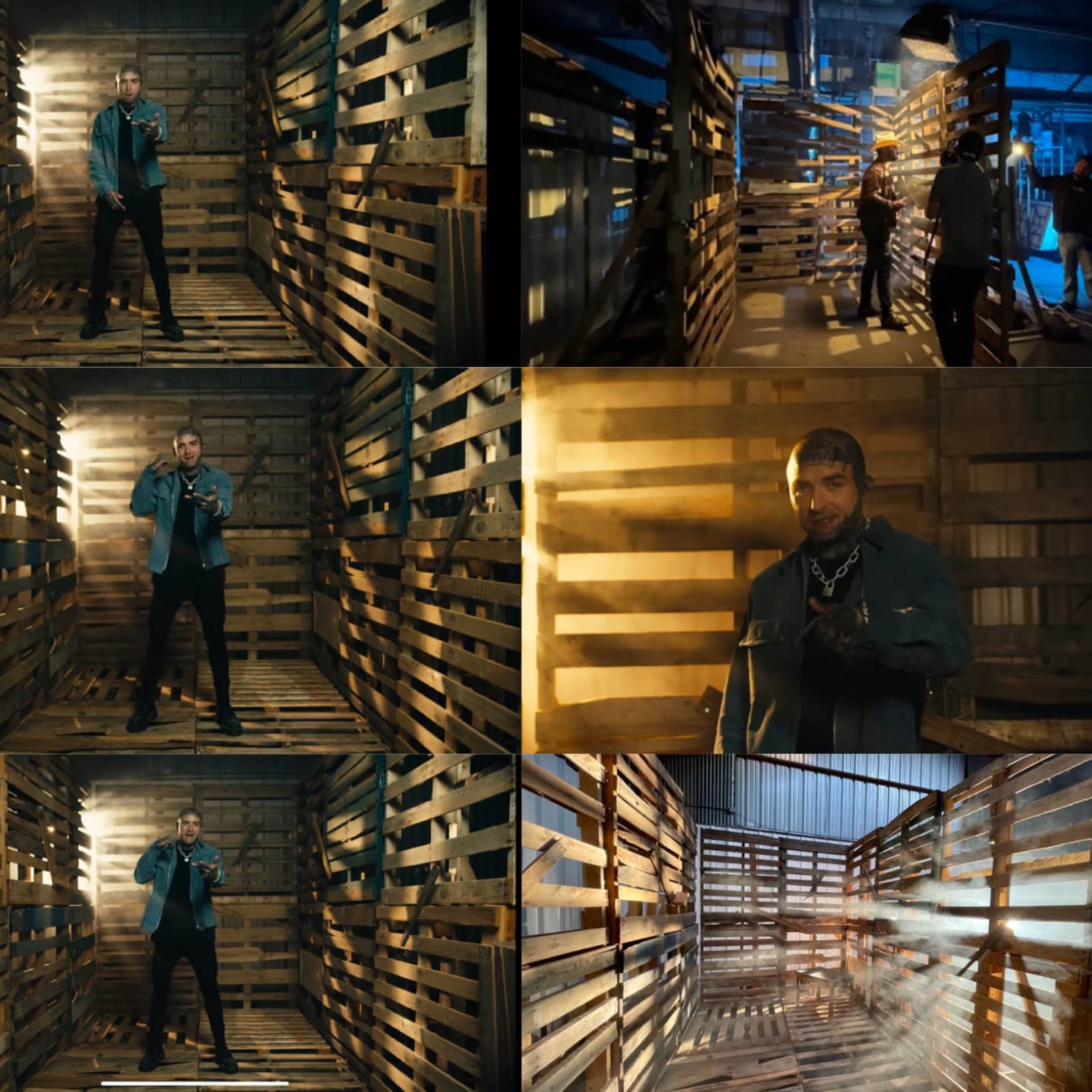 A series of shots showing a man posing in a complex wooden structure made of pallets, with various lighting effects and angles.