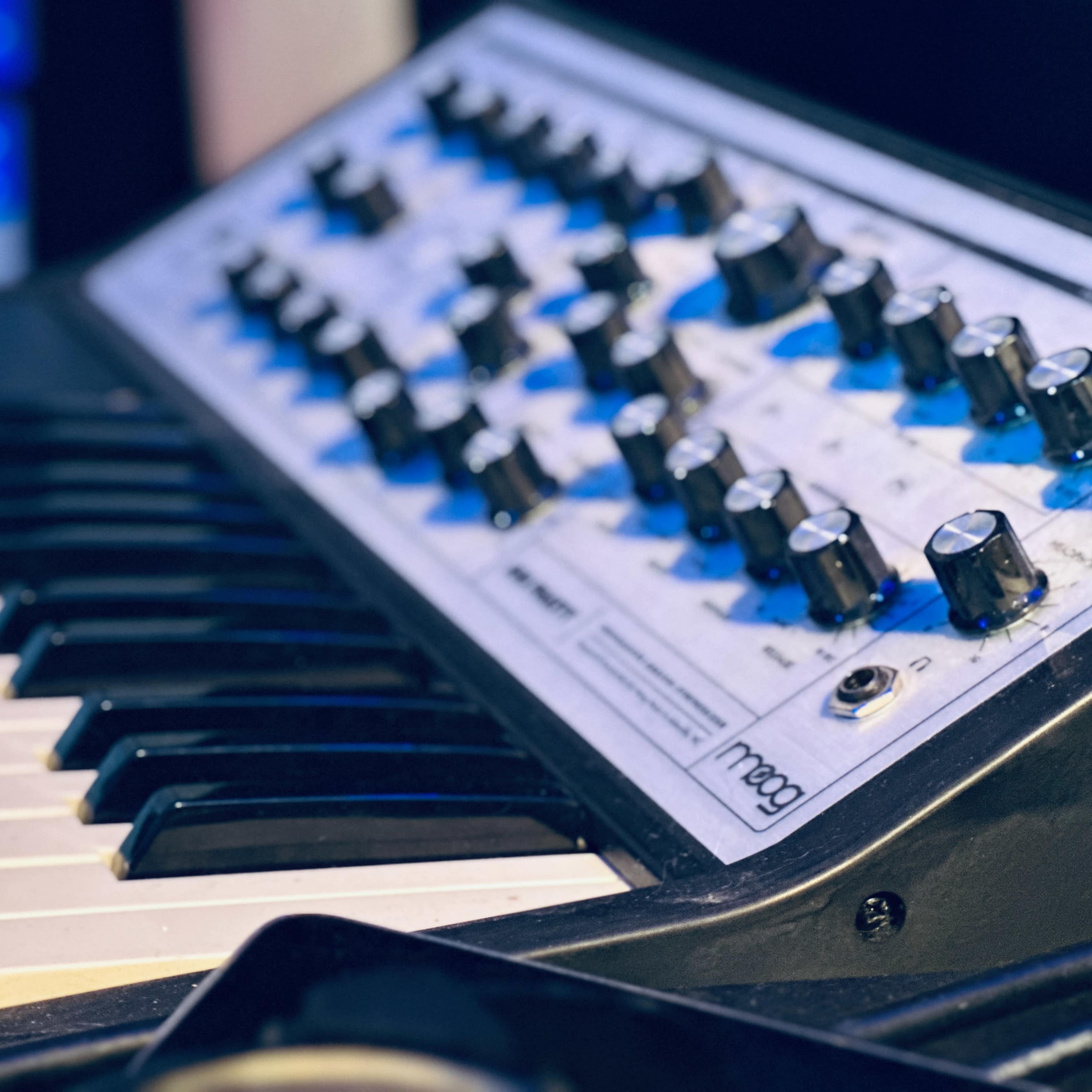 A close-up of a Moog synthesizer with black and white keys and control knobs on a blue-lit stage.