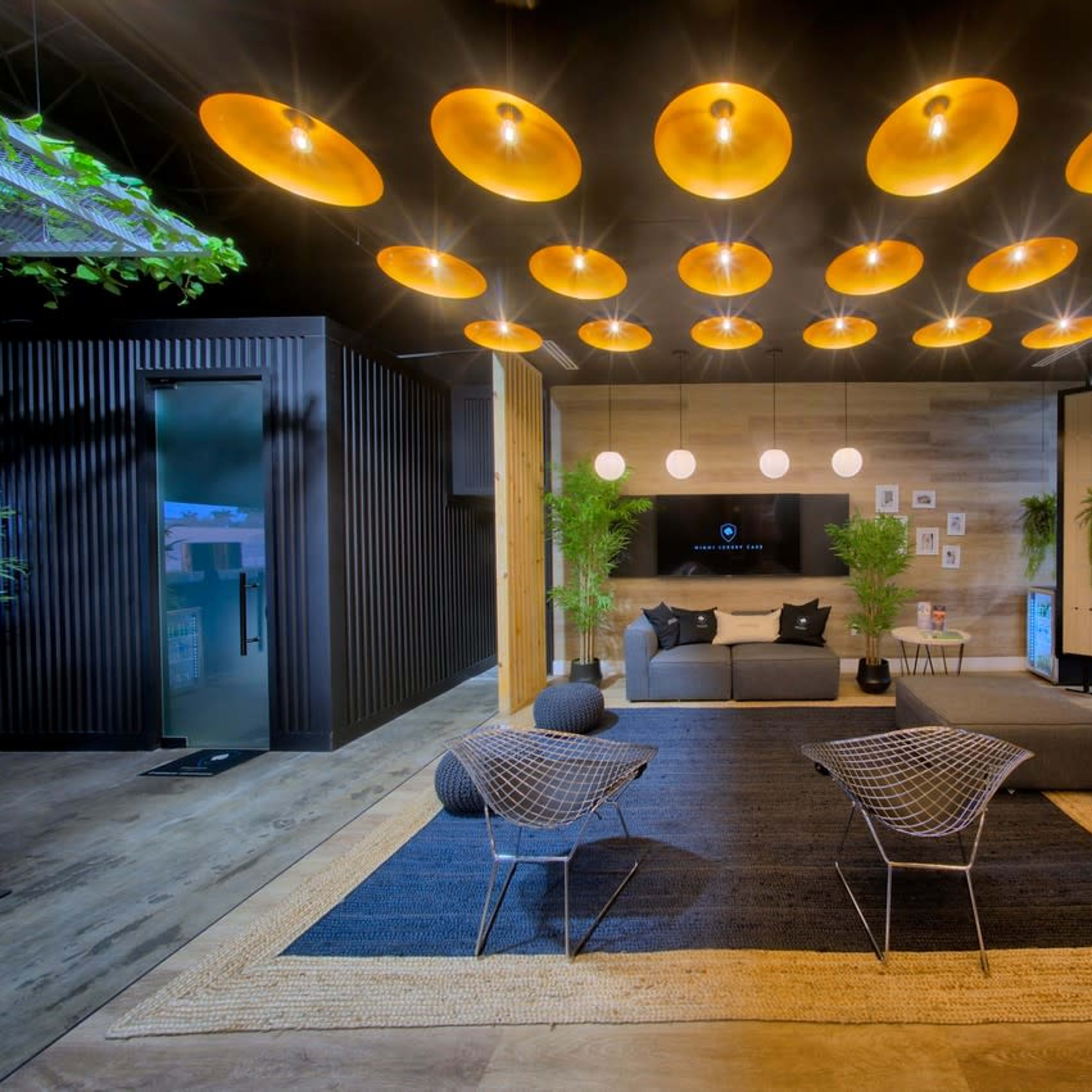 A modern living room features a gray sofa, geometric chairs, and overhead pendant lights, surrounded by wall plants and a television.