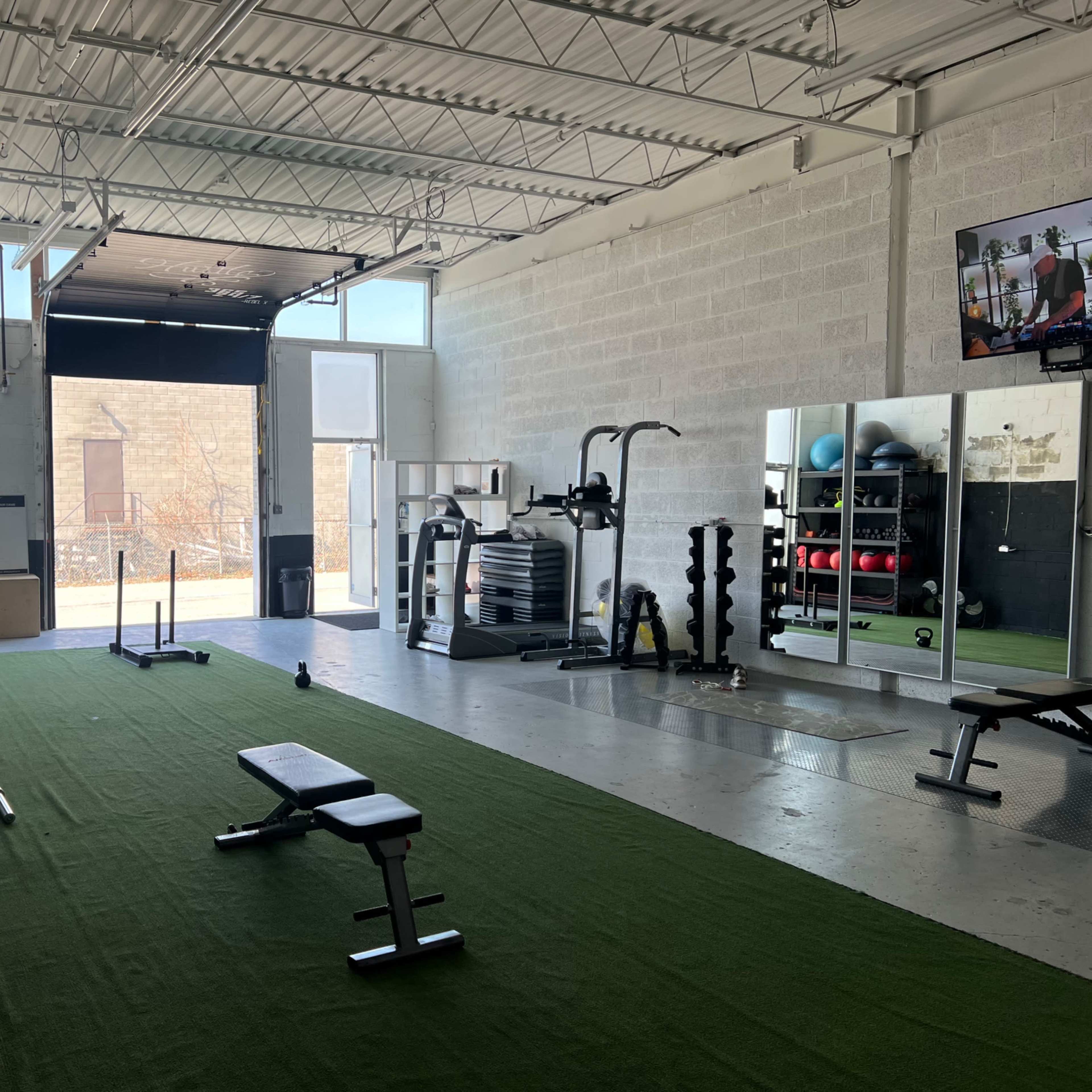 A spacious gym with artificial turf, workout equipment, and large windows allowing natural light.