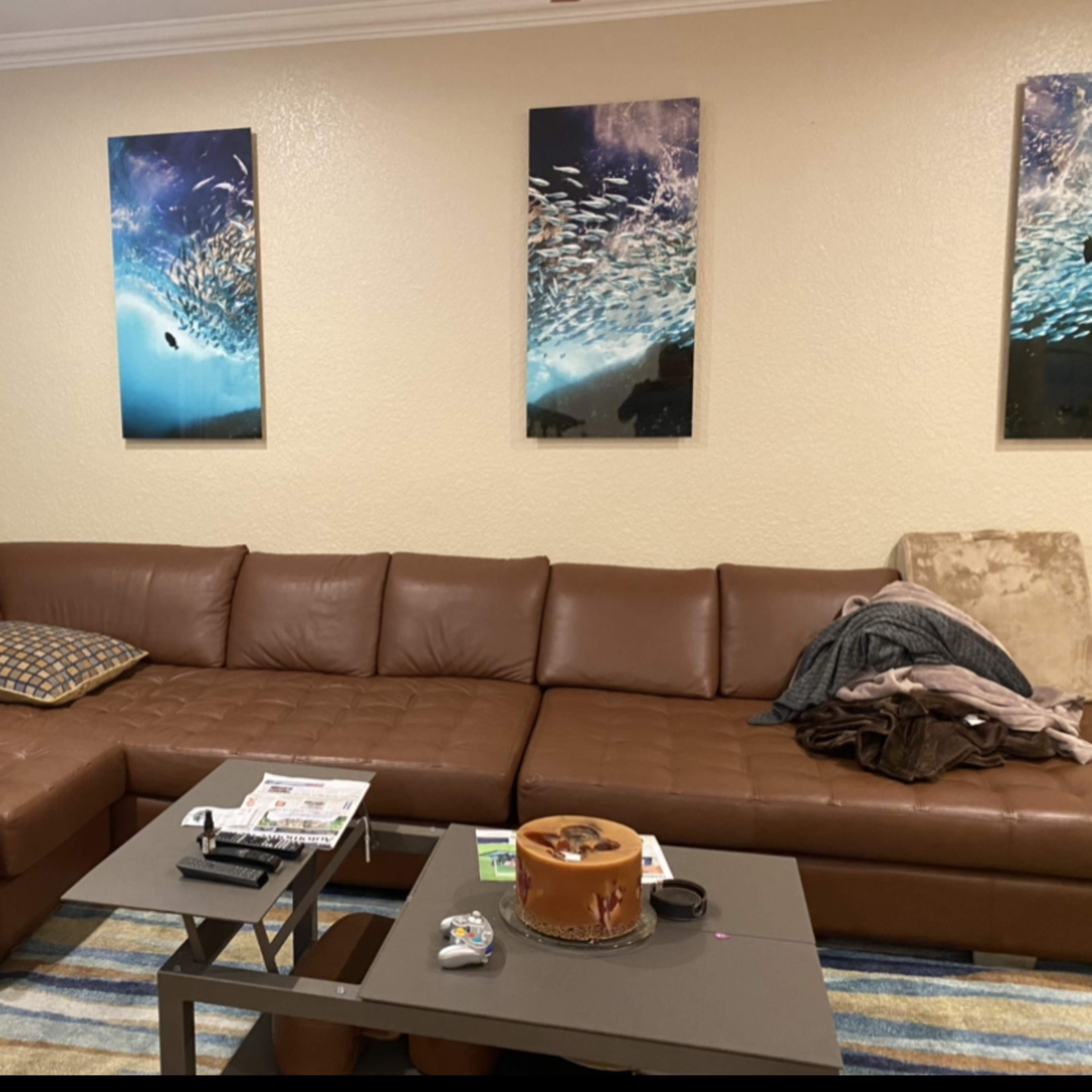 A living room with a brown sectional sofa, a coffee table with magazines and a remote, and decorative paintings of underwater scenes on the wall.