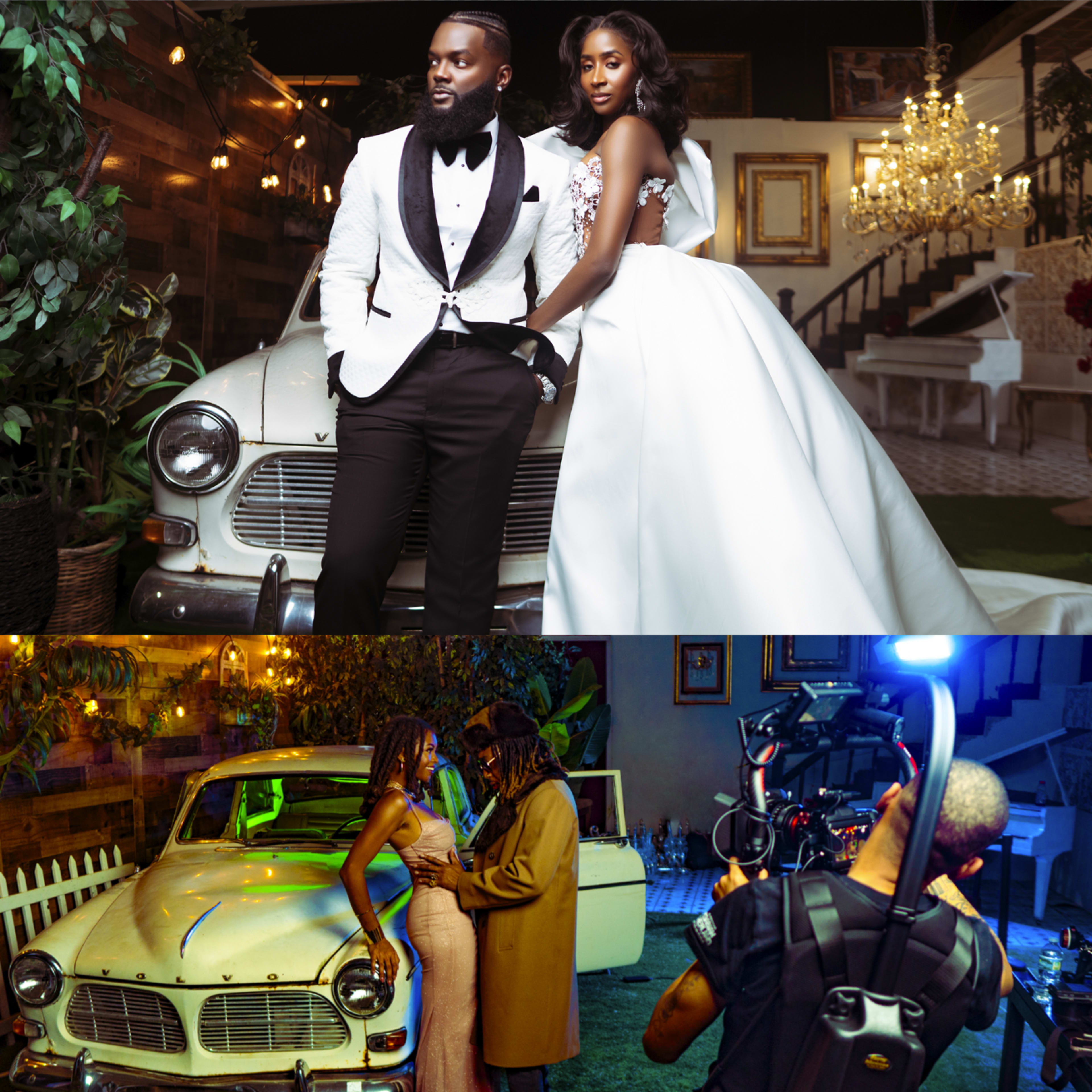 Two distinct scenes: the top shows a couple dressed in formal attire posing in front of a vintage car in a lavish interior, while the bottom depicts a man filming a couple by another vintage car in a dimly lit setting.