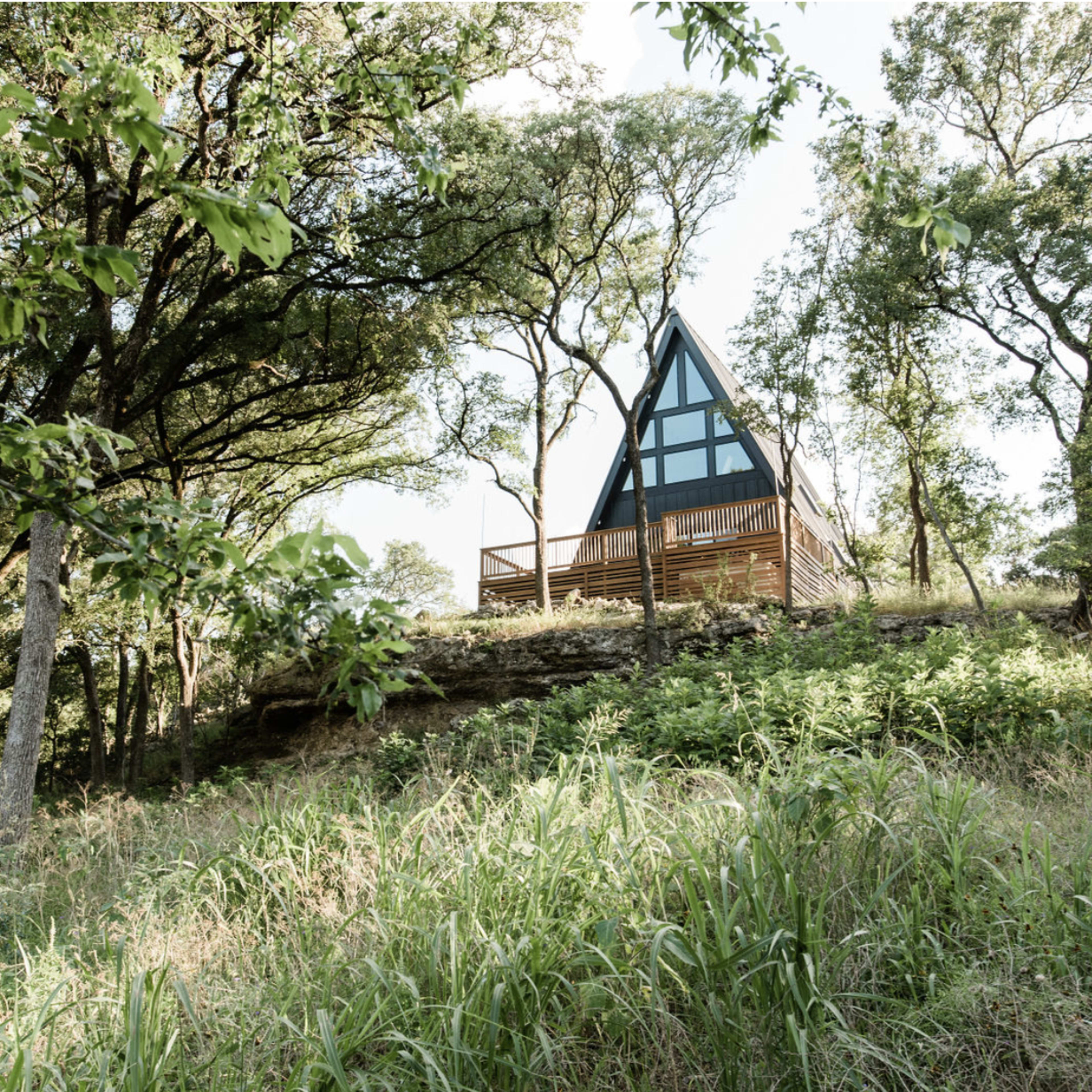 A modern, triangular-shaped cabin sits on a hillside surrounded by trees and tall grass.