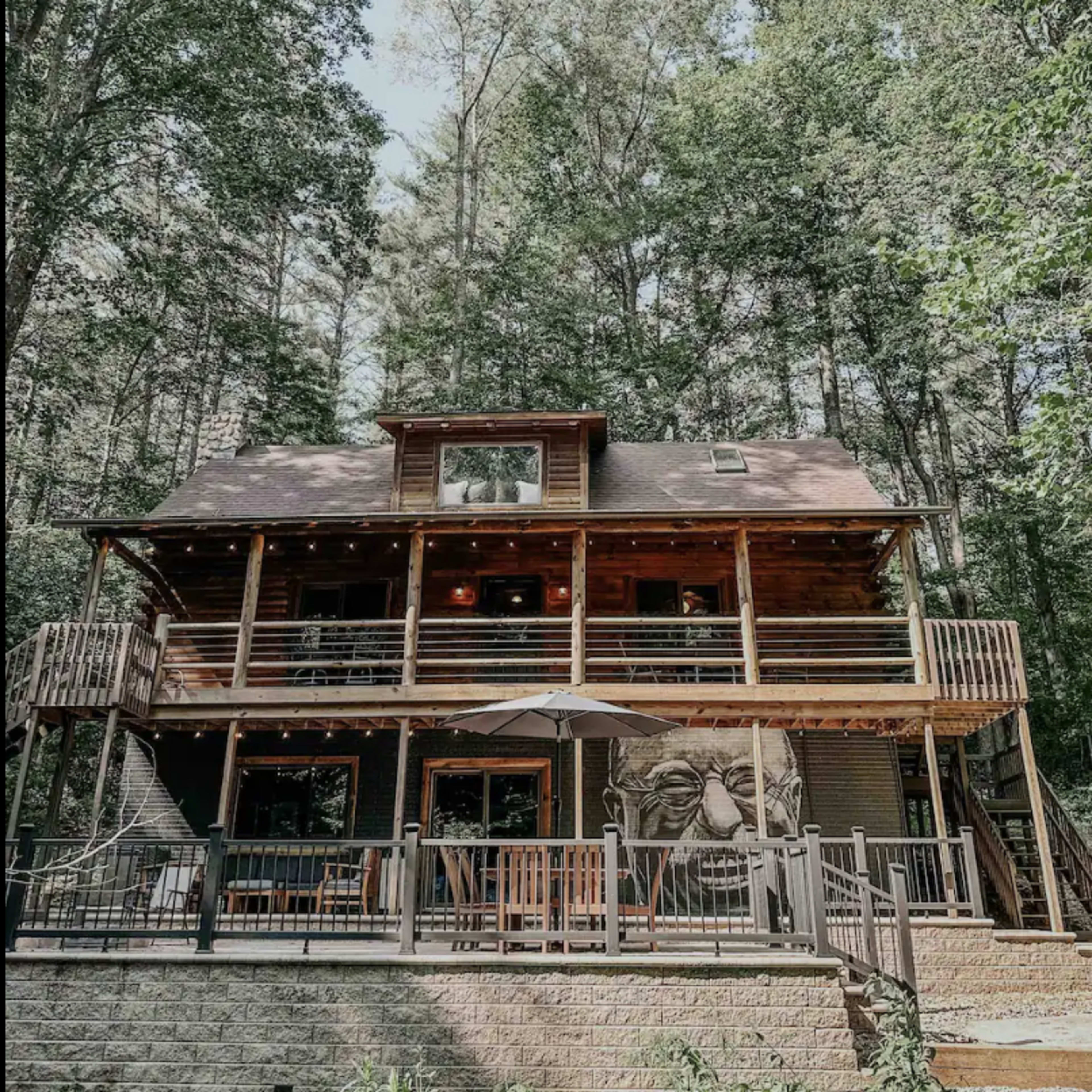 A large wooden cabin with multiple decks and a carved face feature stands surrounded by tall trees.