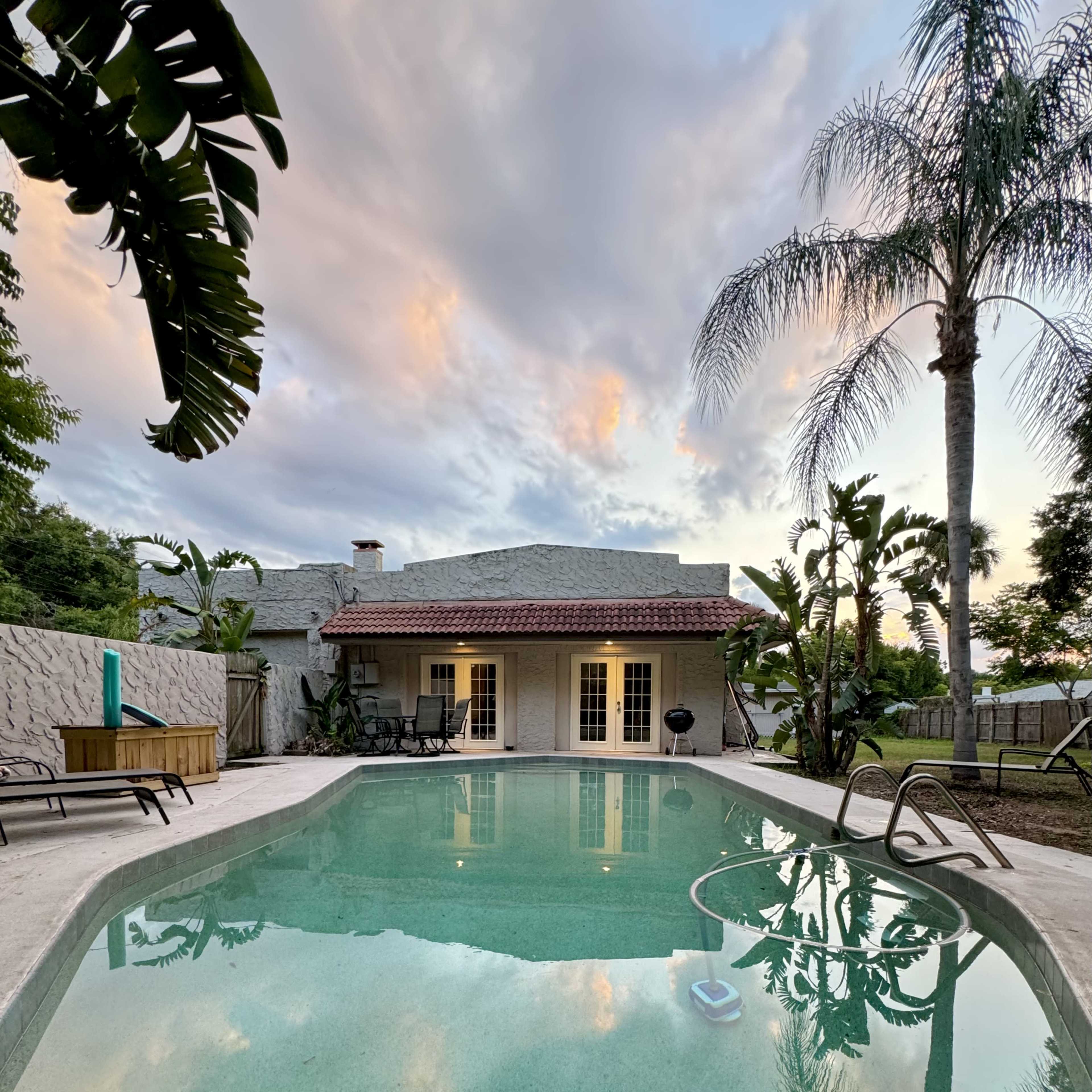 A backyard scene features a swimming pool surrounded by a patio and tropical plants, with a house and cloudy sky in the background.